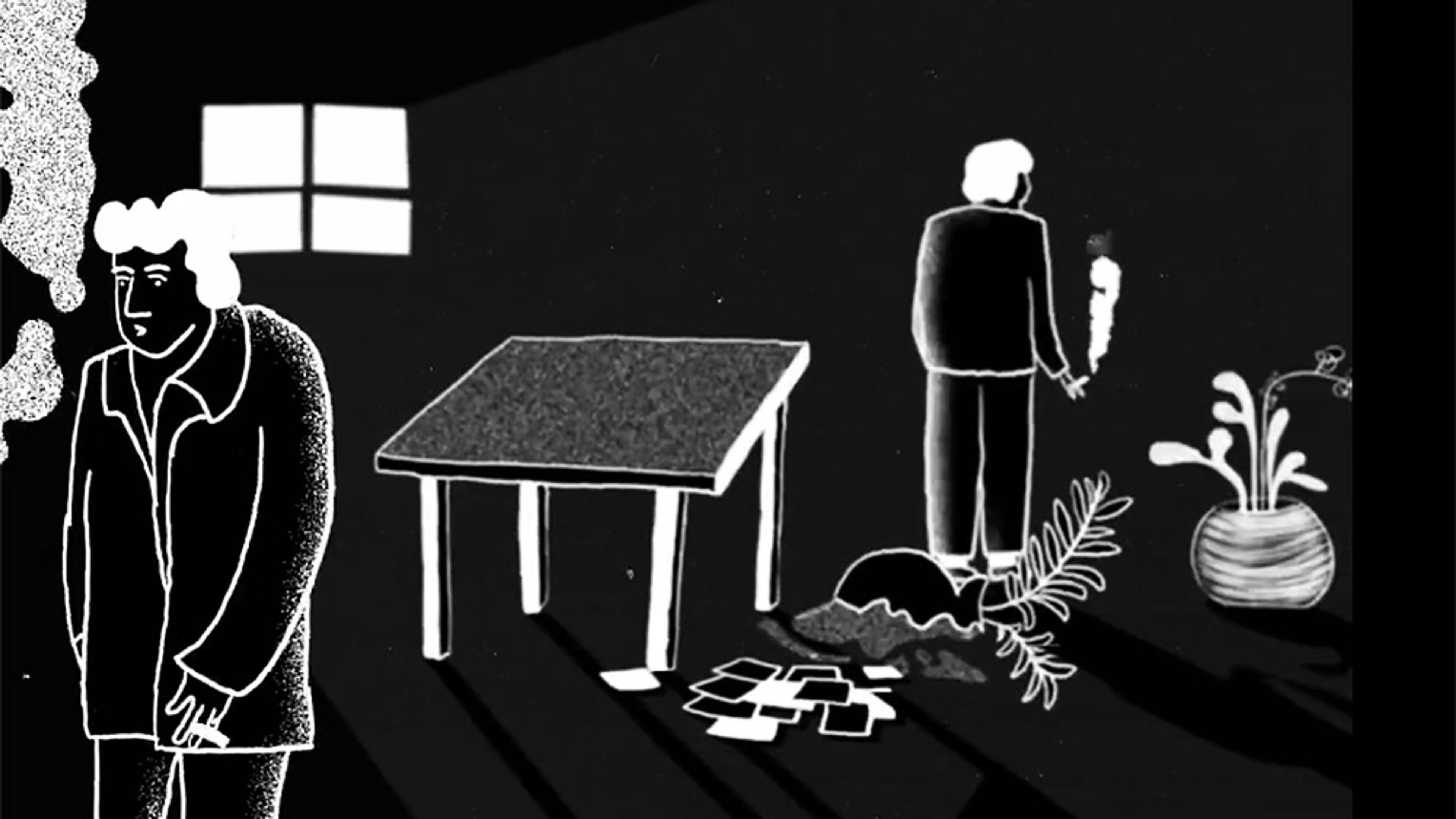 Abstract black and white illustration of two figures, a table, a window, scattered papers, an upturned pot and a potted plant.