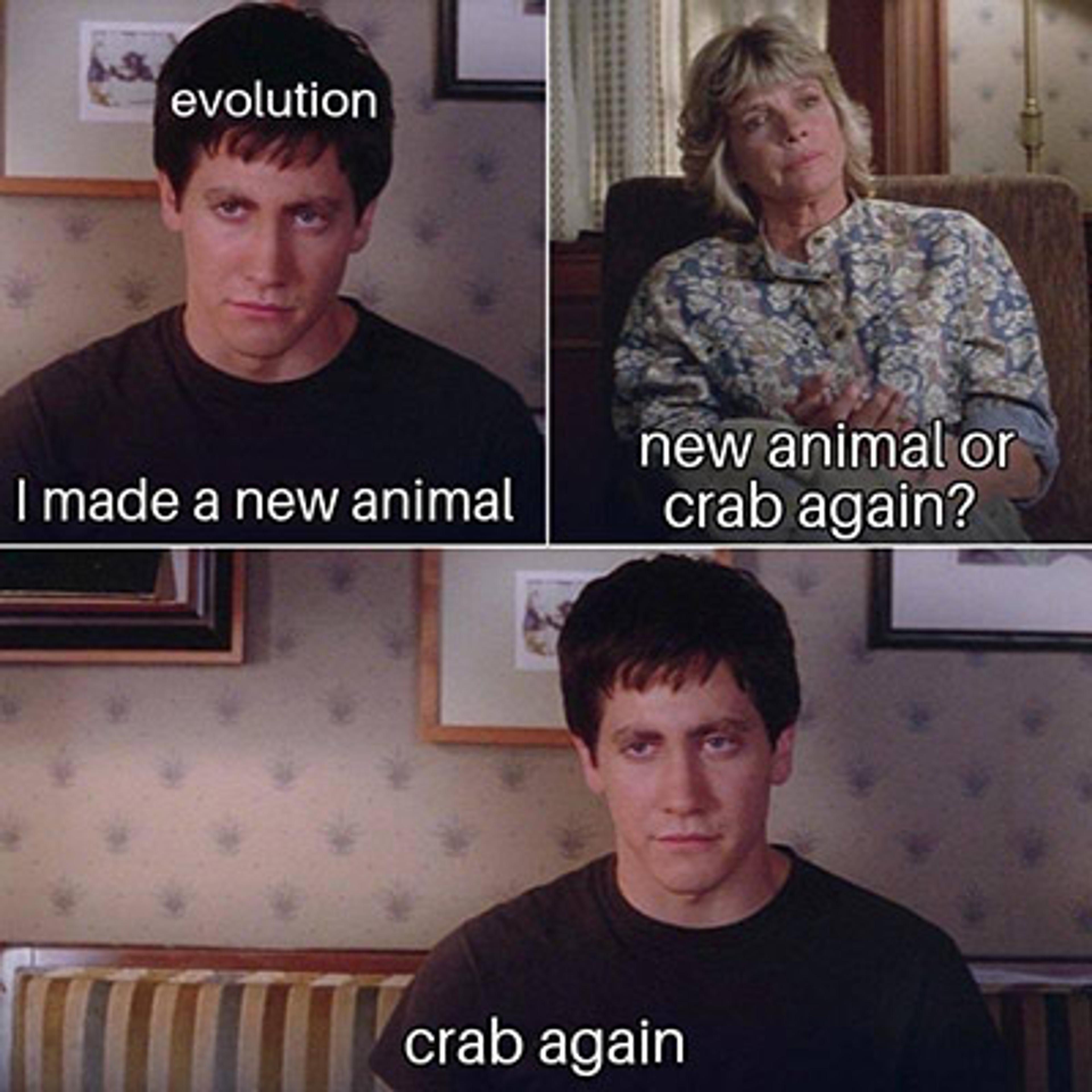 Three-panel meme featuring a conversation about evolution making a crab again.