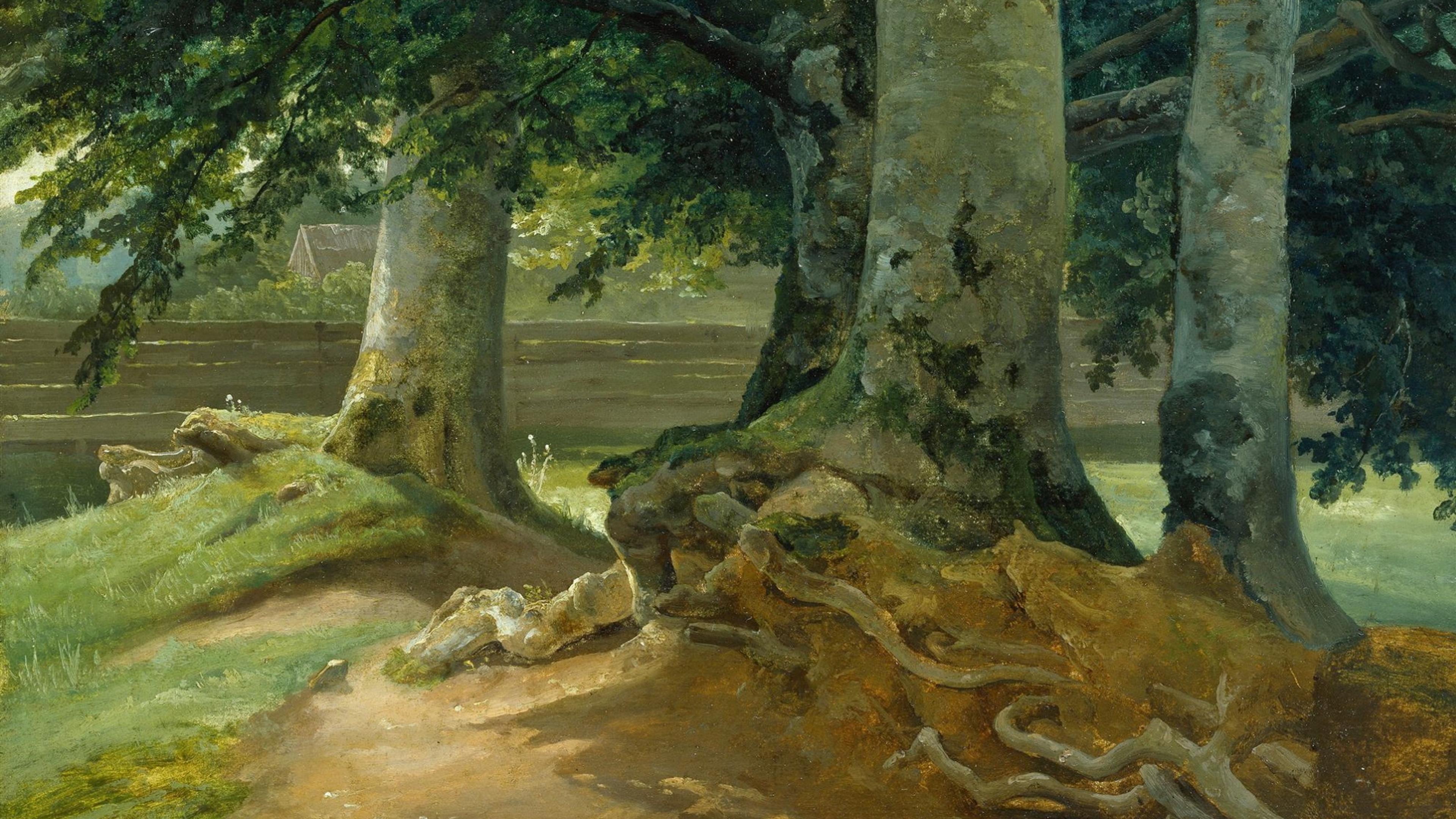 Painting of large trees with exposed roots in a forest, sunlight filtering through leaves, house visible in the background.