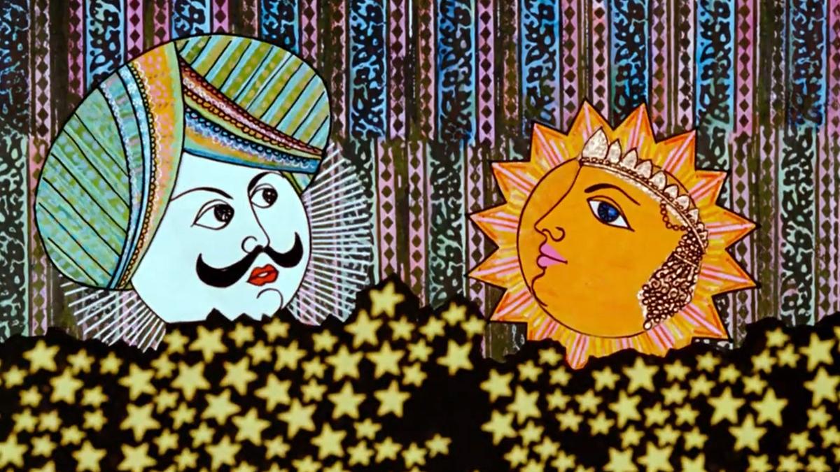 Illustration of a stylised sun and moon with human faces above a field of stars with a patterned background.