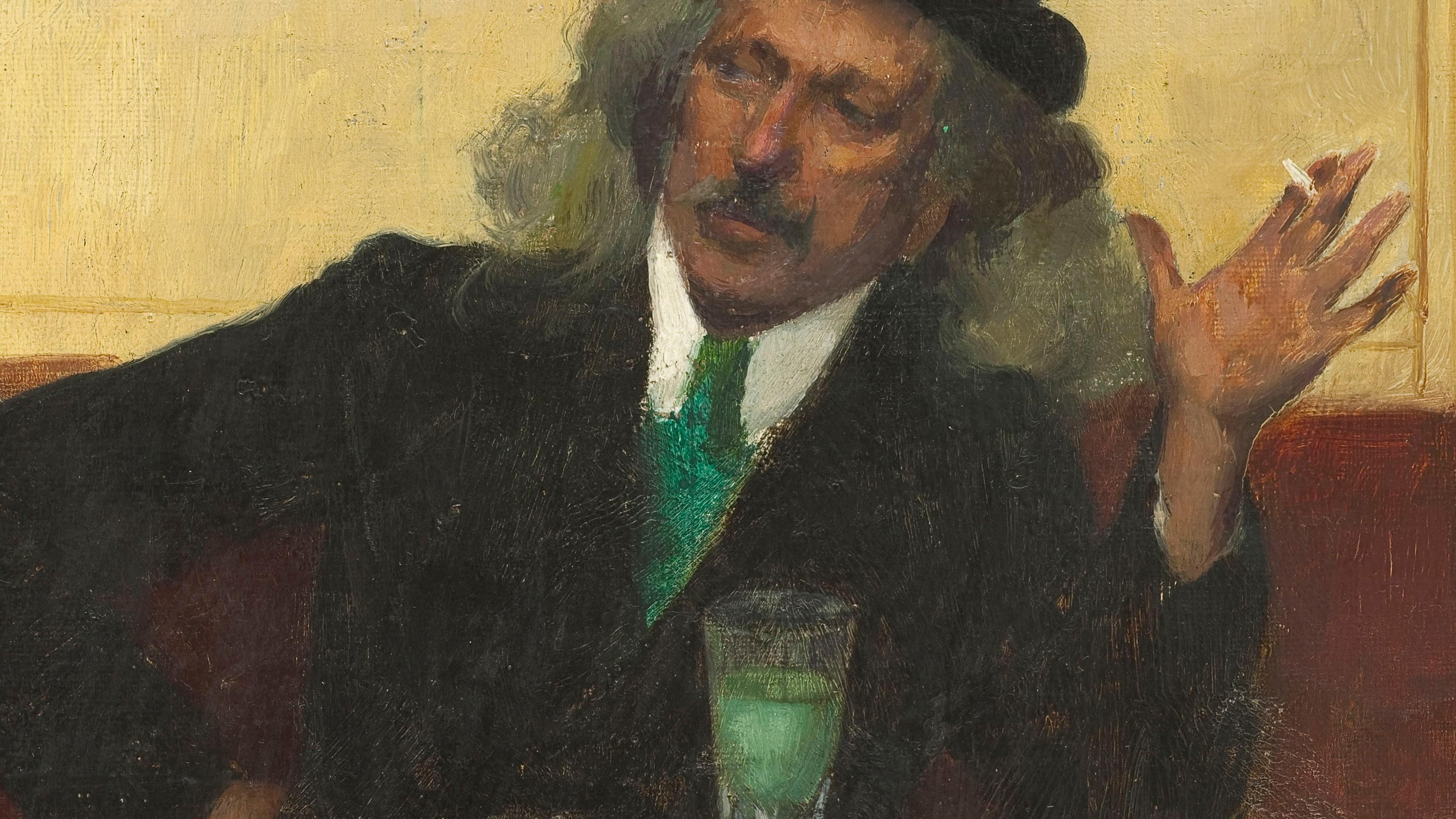 Painting of a man in a bowler hat, seated with a drink and cigarette, gesturing expressively while at a table.