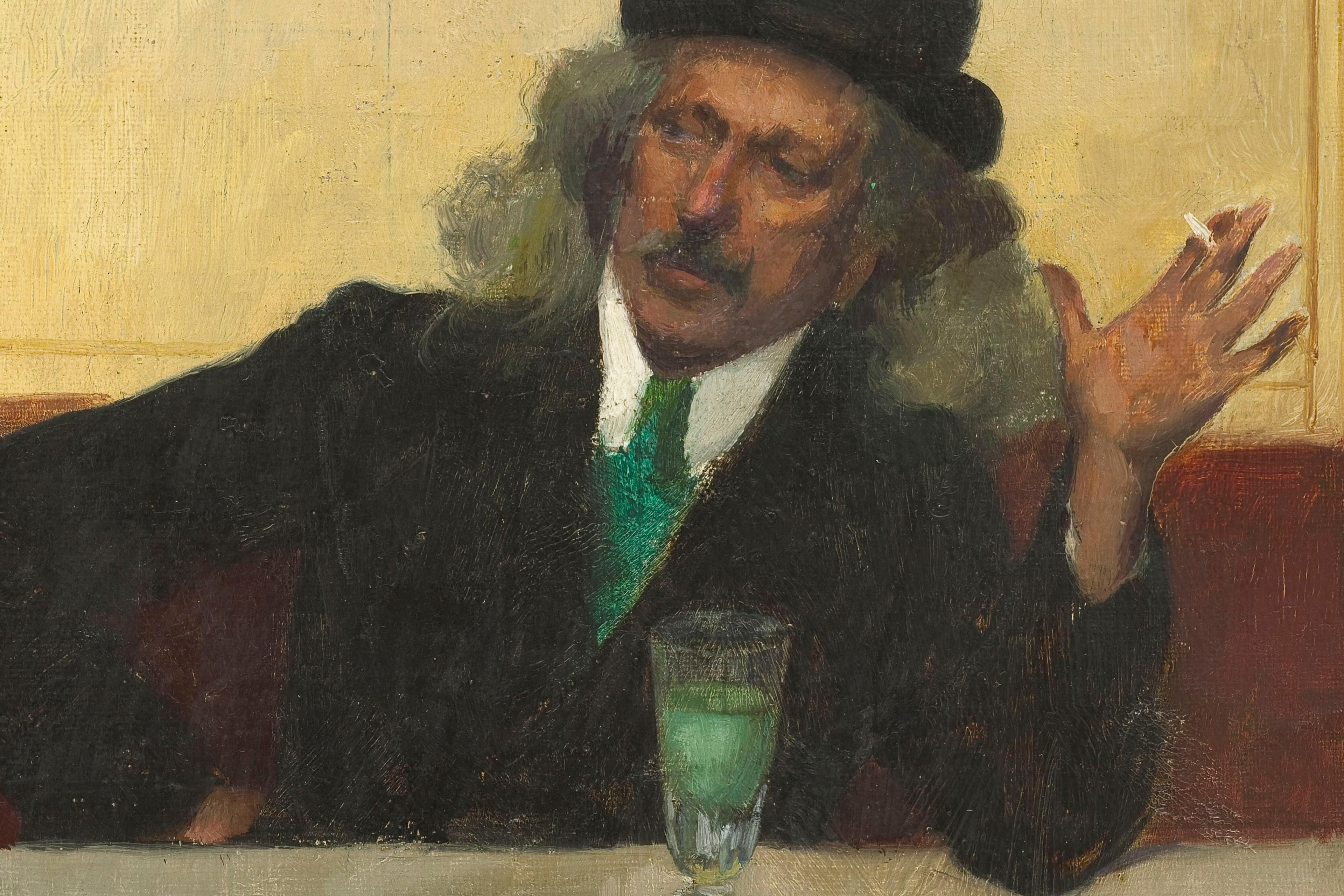 Painting of a man in a bowler hat, seated with a drink and cigarette, gesturing expressively while at a table.