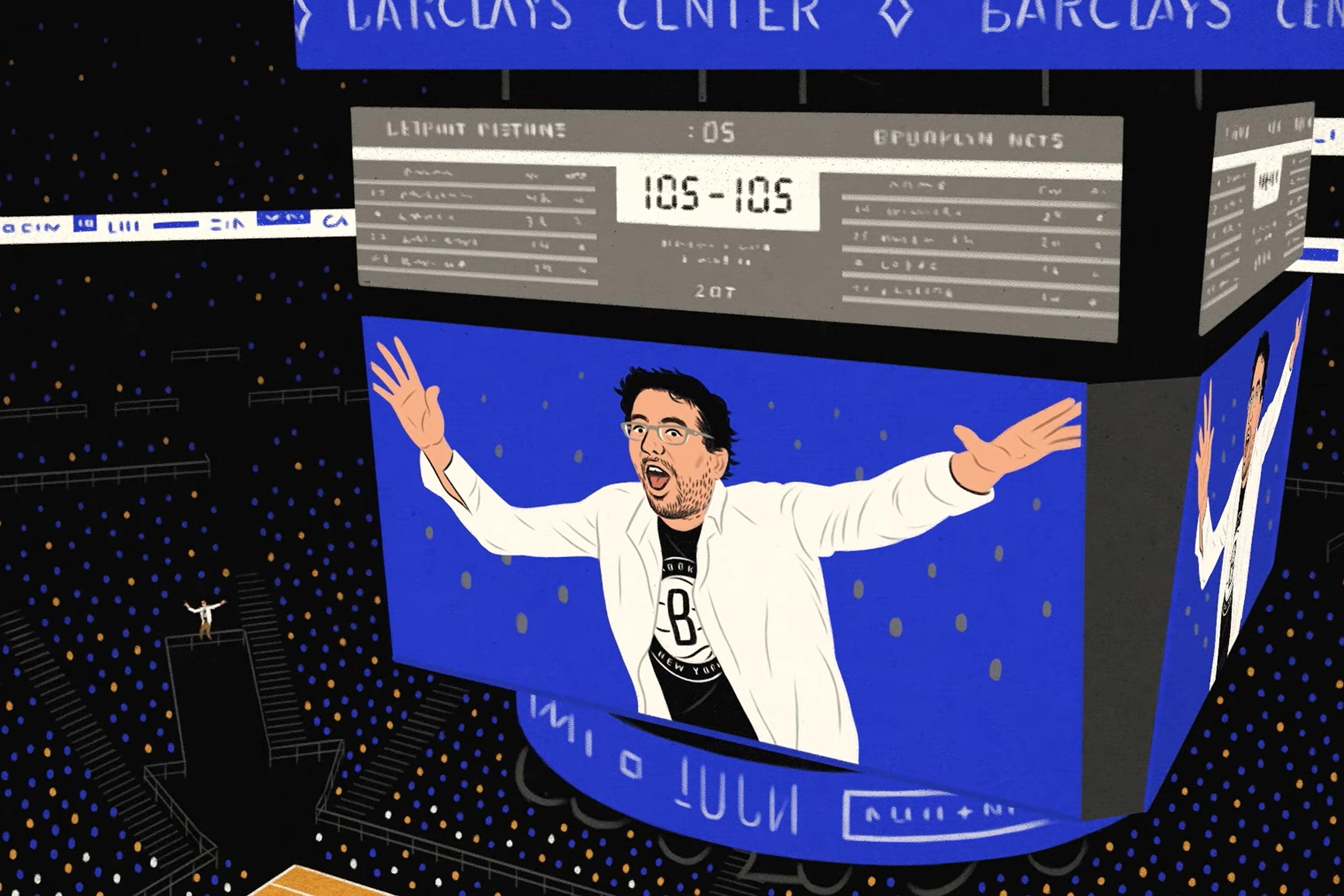 Illustration of a scoreboard at Barclays Center showing a man with raised arms, surrounded by an arena.