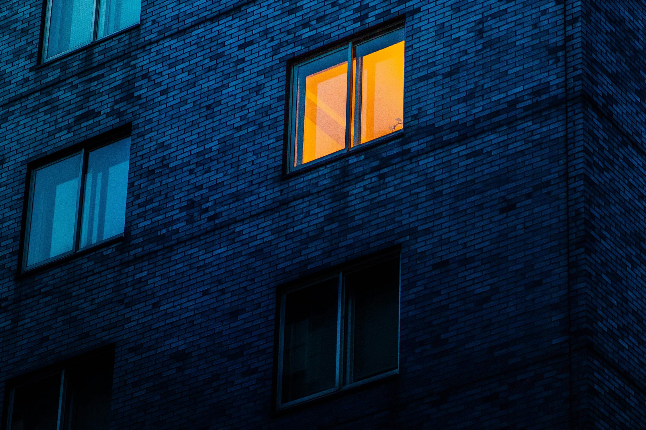 A dark building with a brightly lit orange window at night, surrounded by dimmer blue-tinted windows.