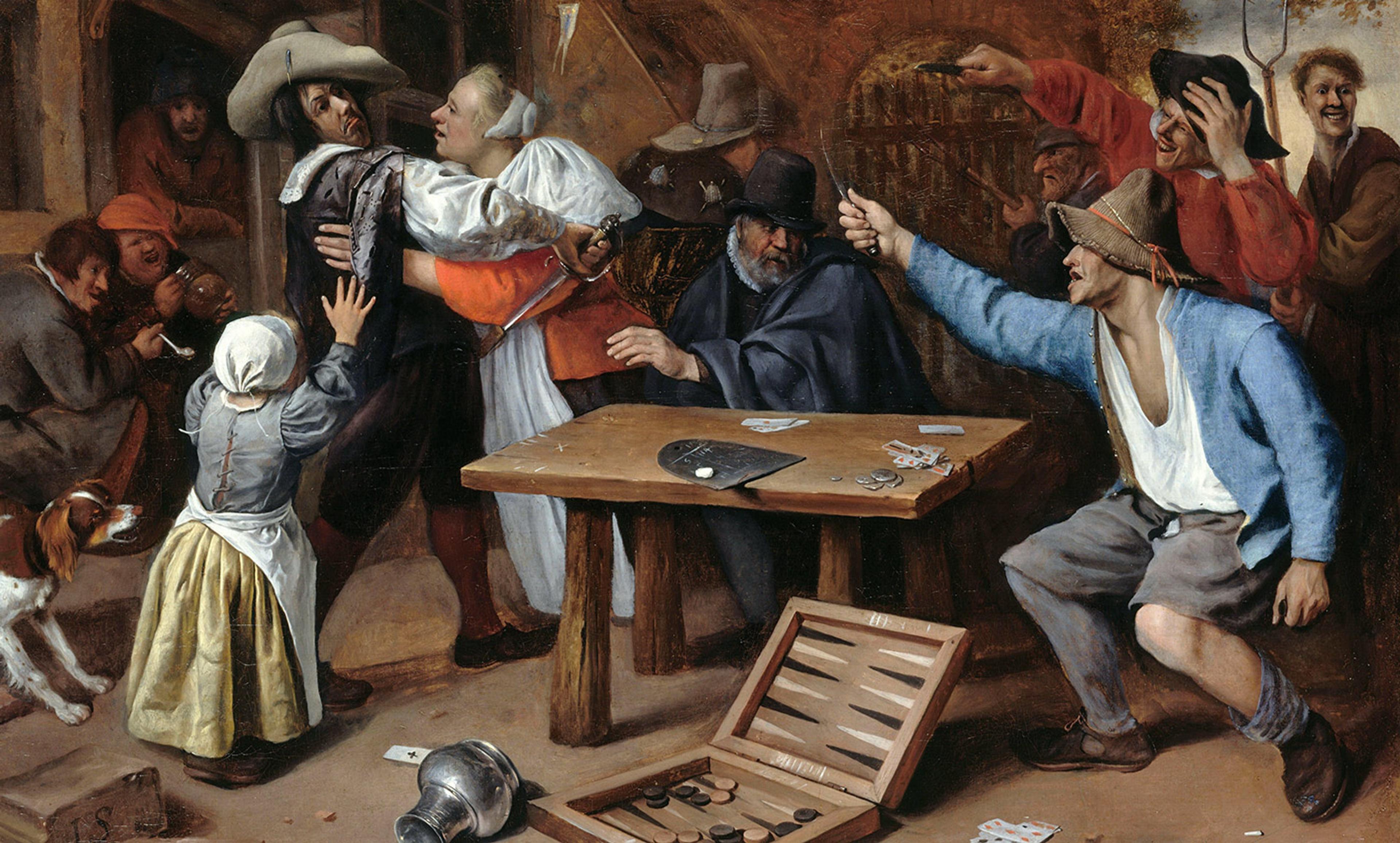 Painting of a chaotic tavern scene with people arguing, fighting with swords or knives and playing cards, a child in the foreground and a dog on the left.