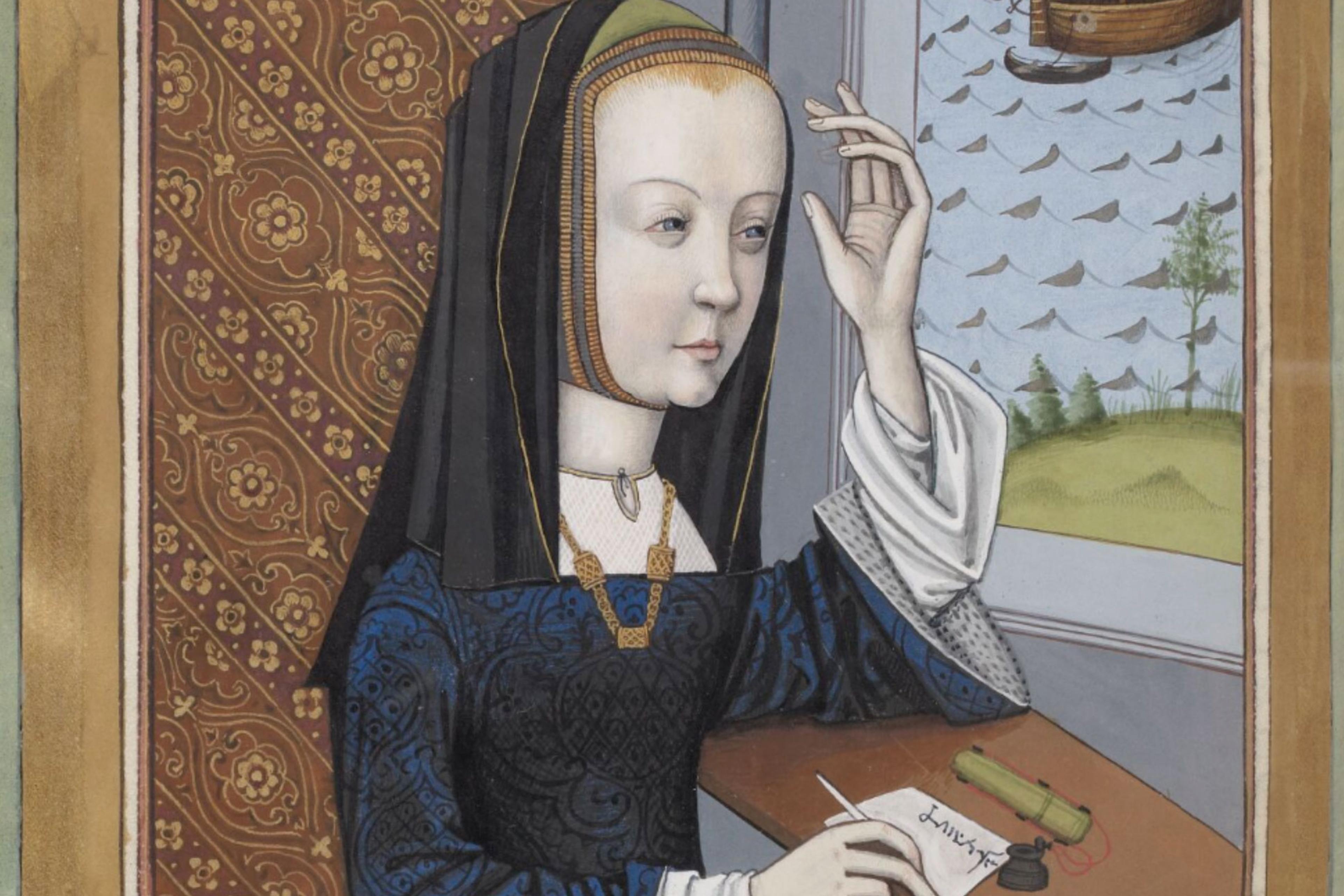 Medieval painting of a woman at a desk writing with a quill by a window with a sea view and a sailing ship.
