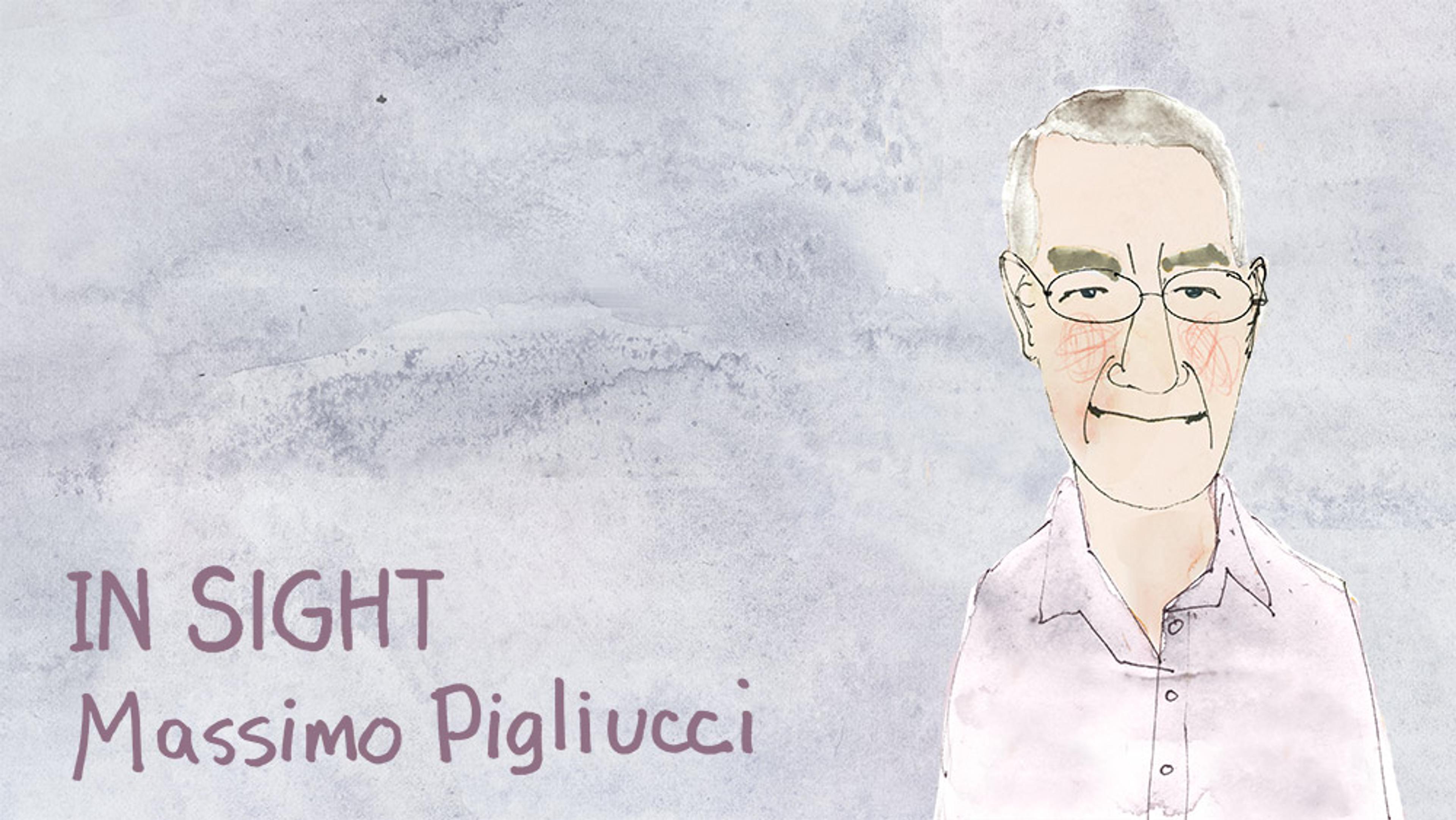 Watercolour illustration of an older man with glasses against a textured grey background. Text reads ‘In Sight Massimo Pigliucci’.