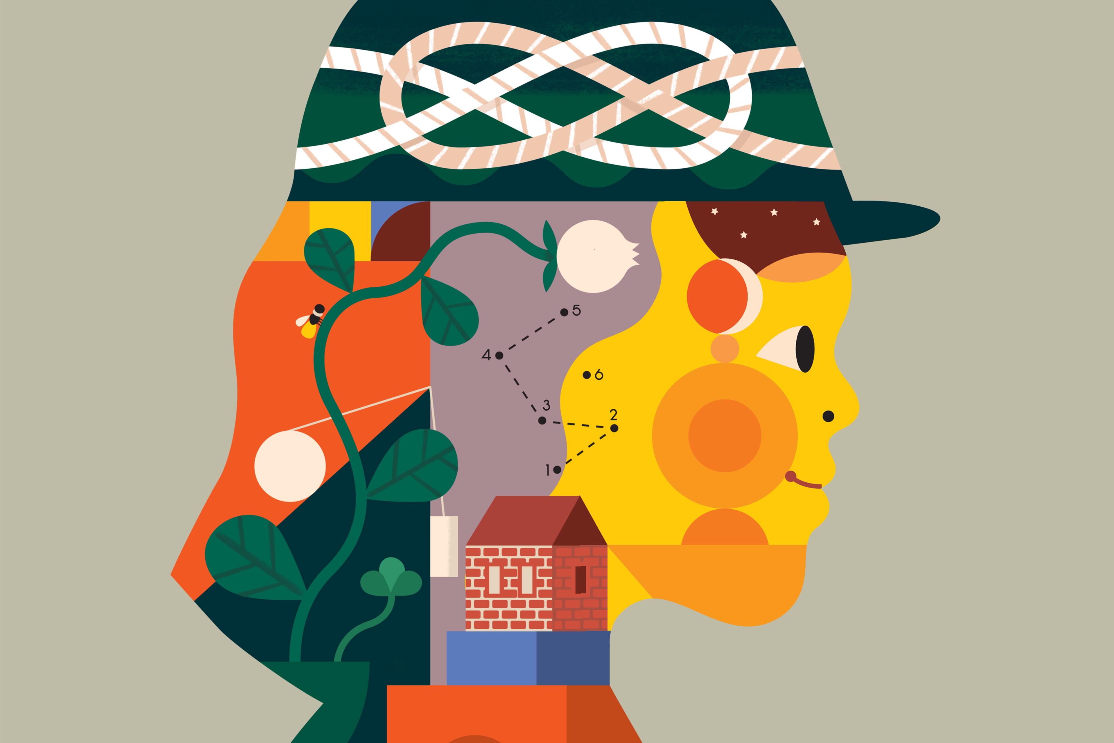Abstract painting of a person’s side profile with geometric shapes, bright colours and a hat on a neutral background.