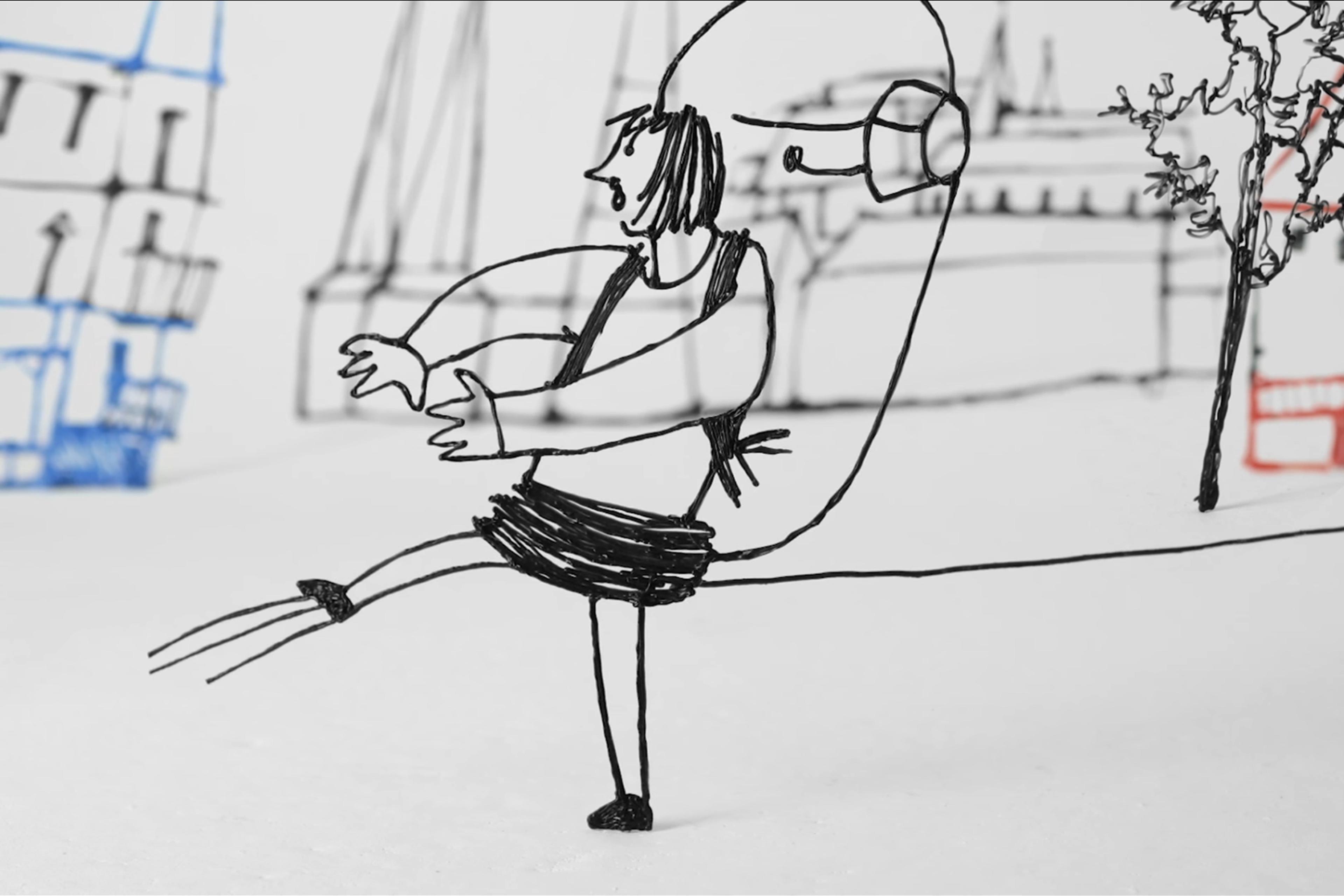 Black wire sculpture of a person dancing, with a sketchy background of buildings, trees, and a street in black, blue, and red.