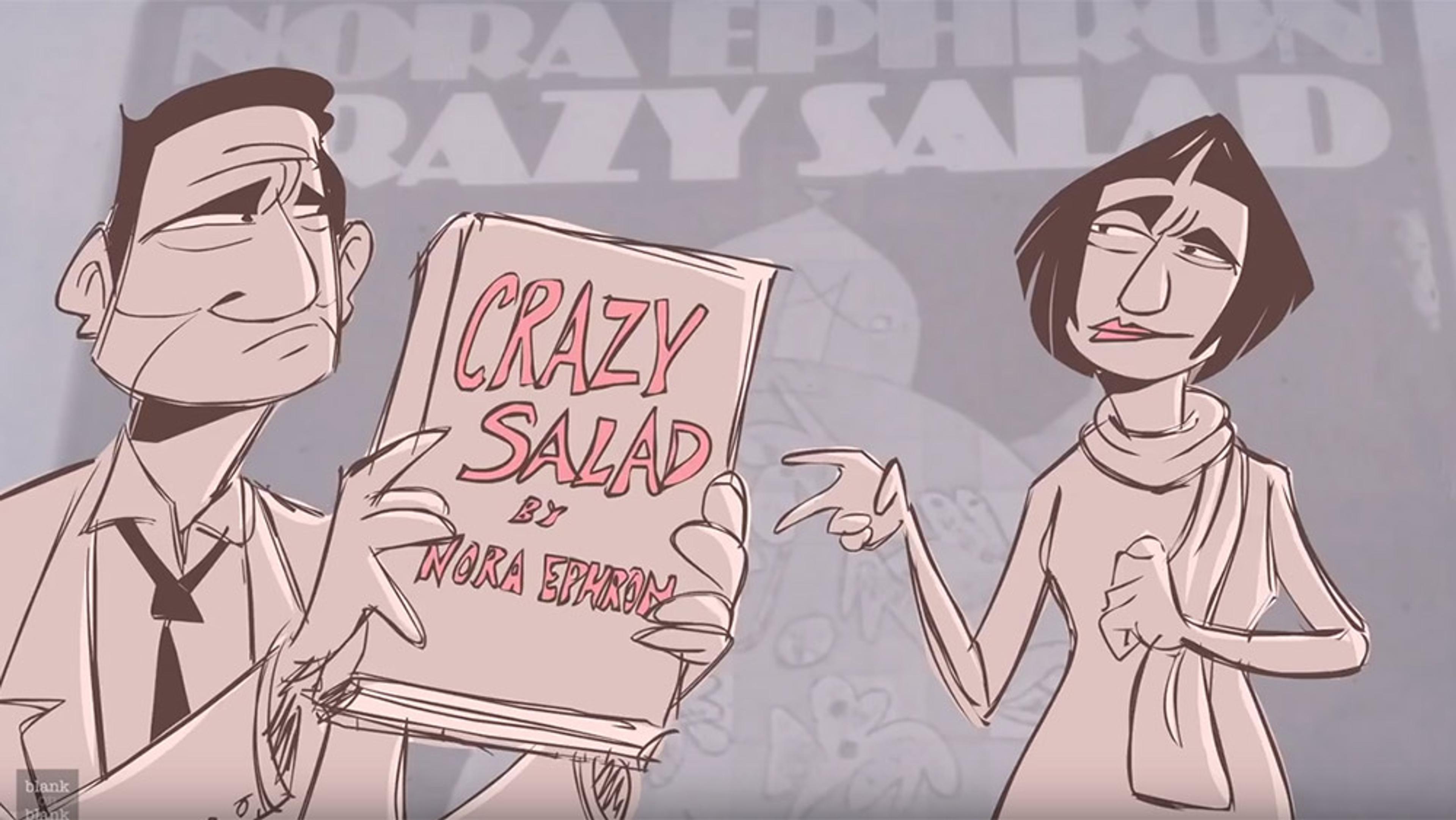Illustration of a man and a woman, the man holding a book titled “Crazy Salad by Nora Ephron” with the title also visible in the background.