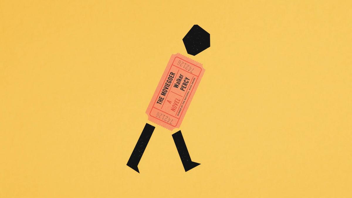 A walking figure made of black shapes, with a pink ticket for “The Moviegoer” by Walker Percy as its body, on a yellow background.