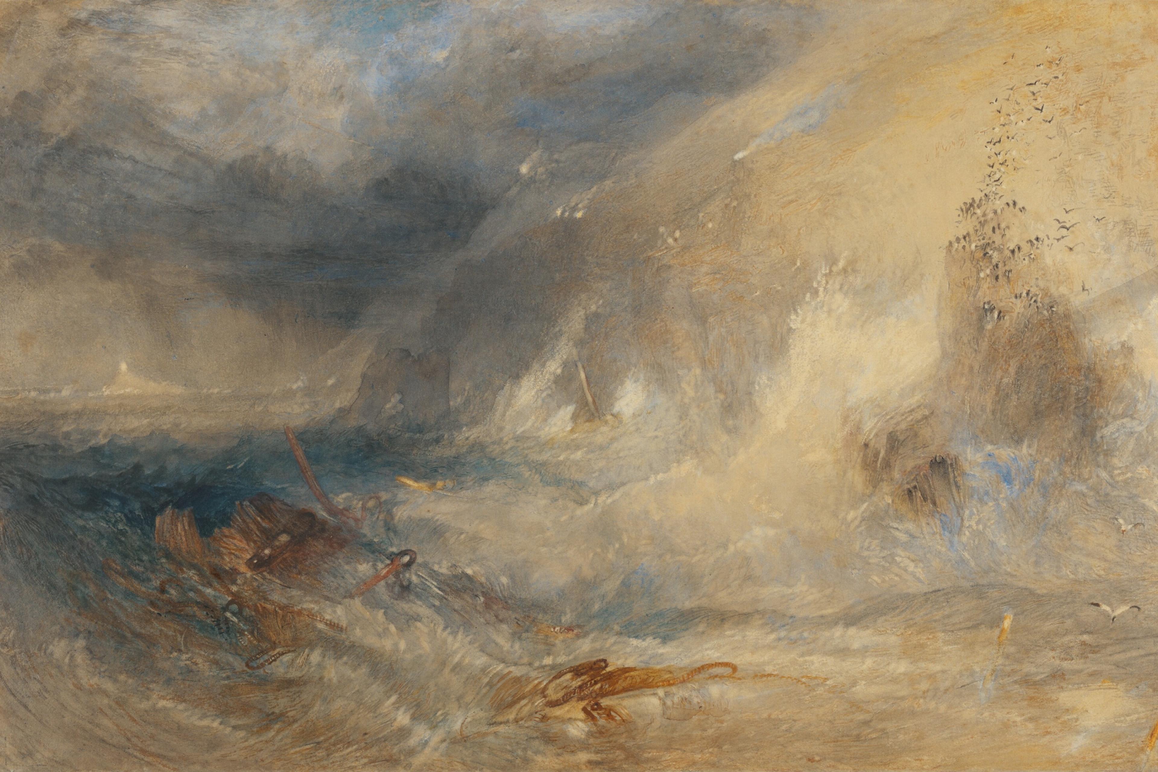Painting of a stormy sea with a shipwreck, dramatic waves and a dark sky, conveying intense motion and chaos.