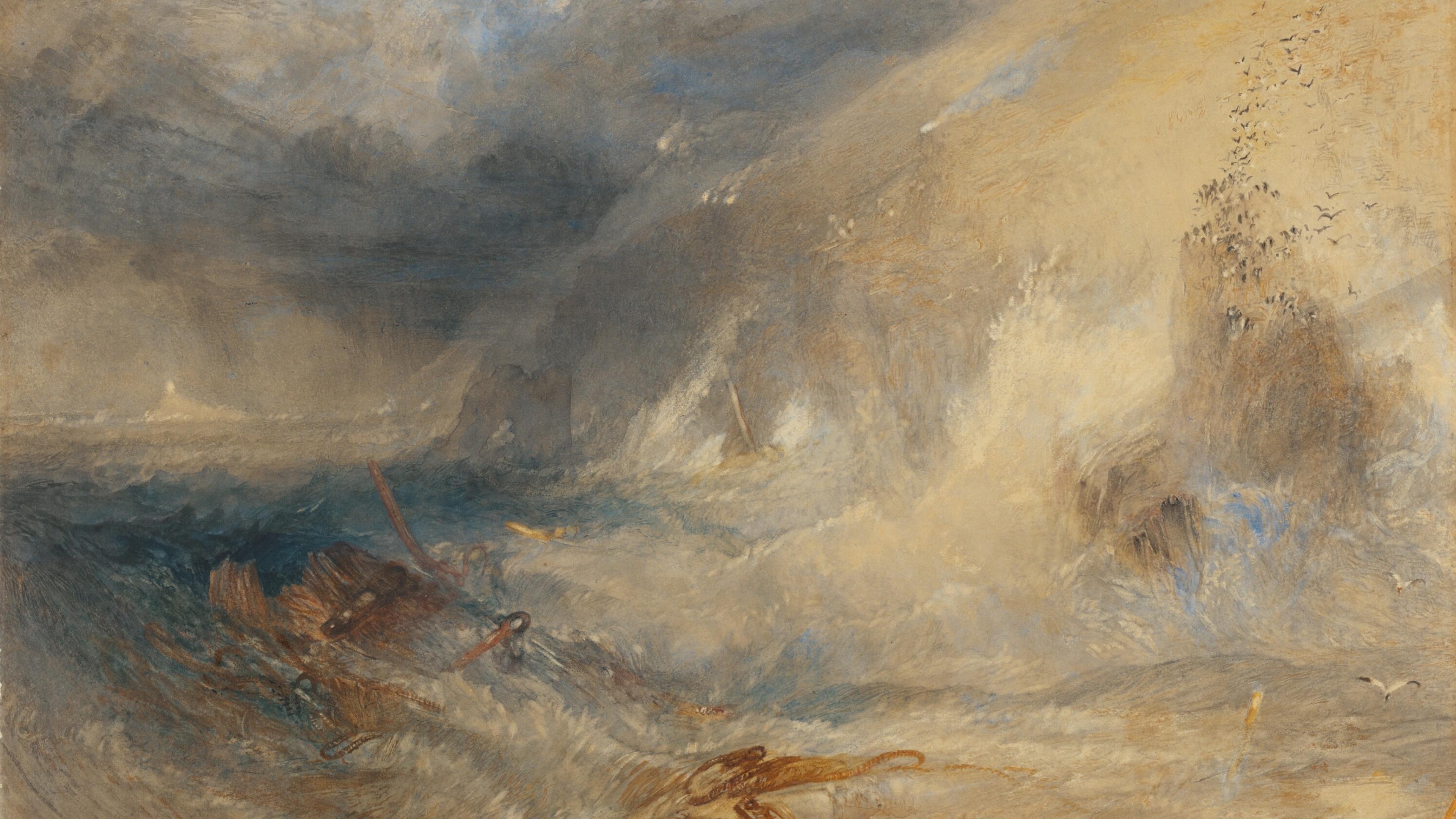 Painting of a stormy sea with a shipwreck, dramatic waves and a dark sky, conveying intense motion and chaos.