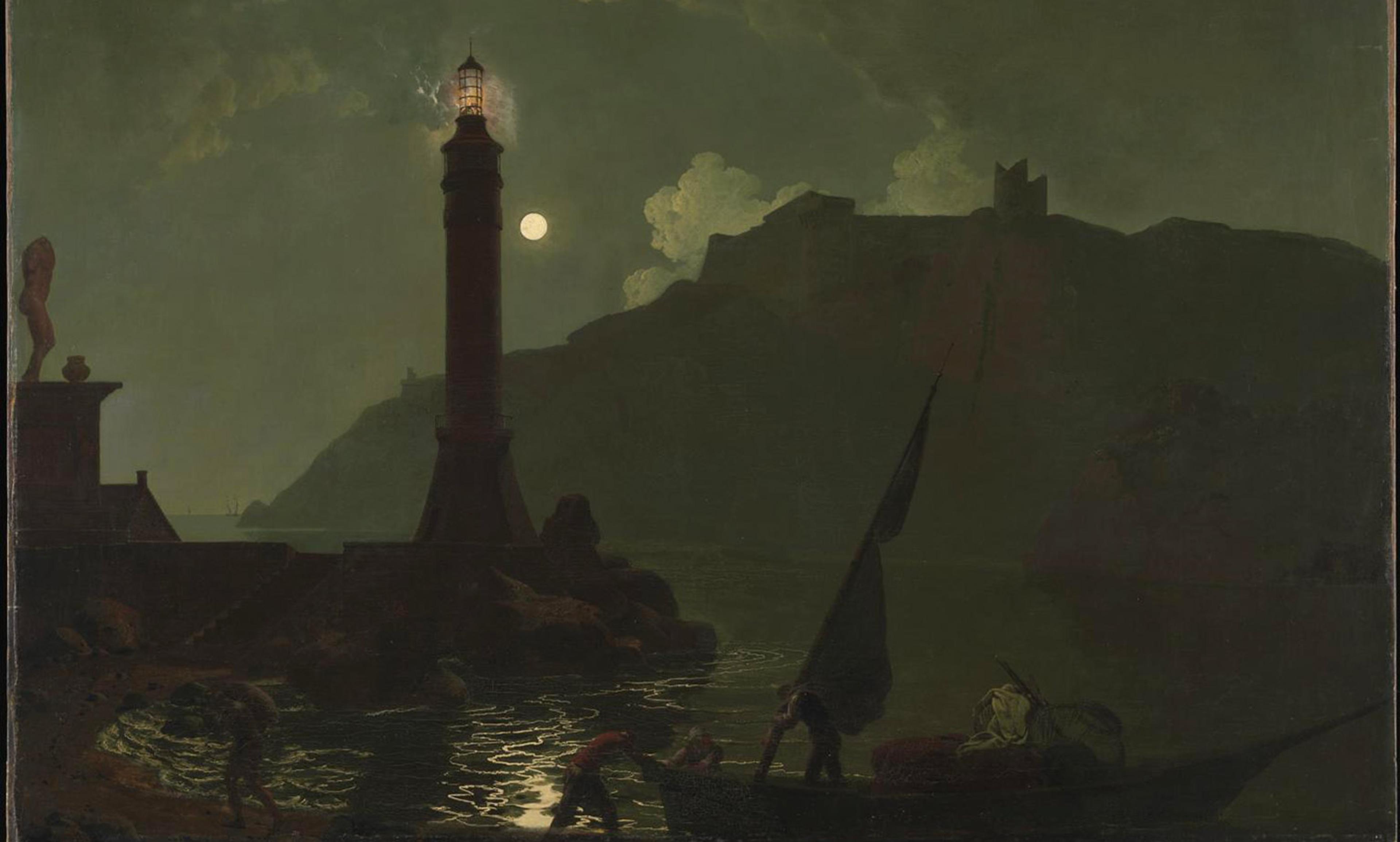 Painting of a moonlit harbour with a prominent lighthouse, dark hills, and figures working on a boat near the water’s edge.