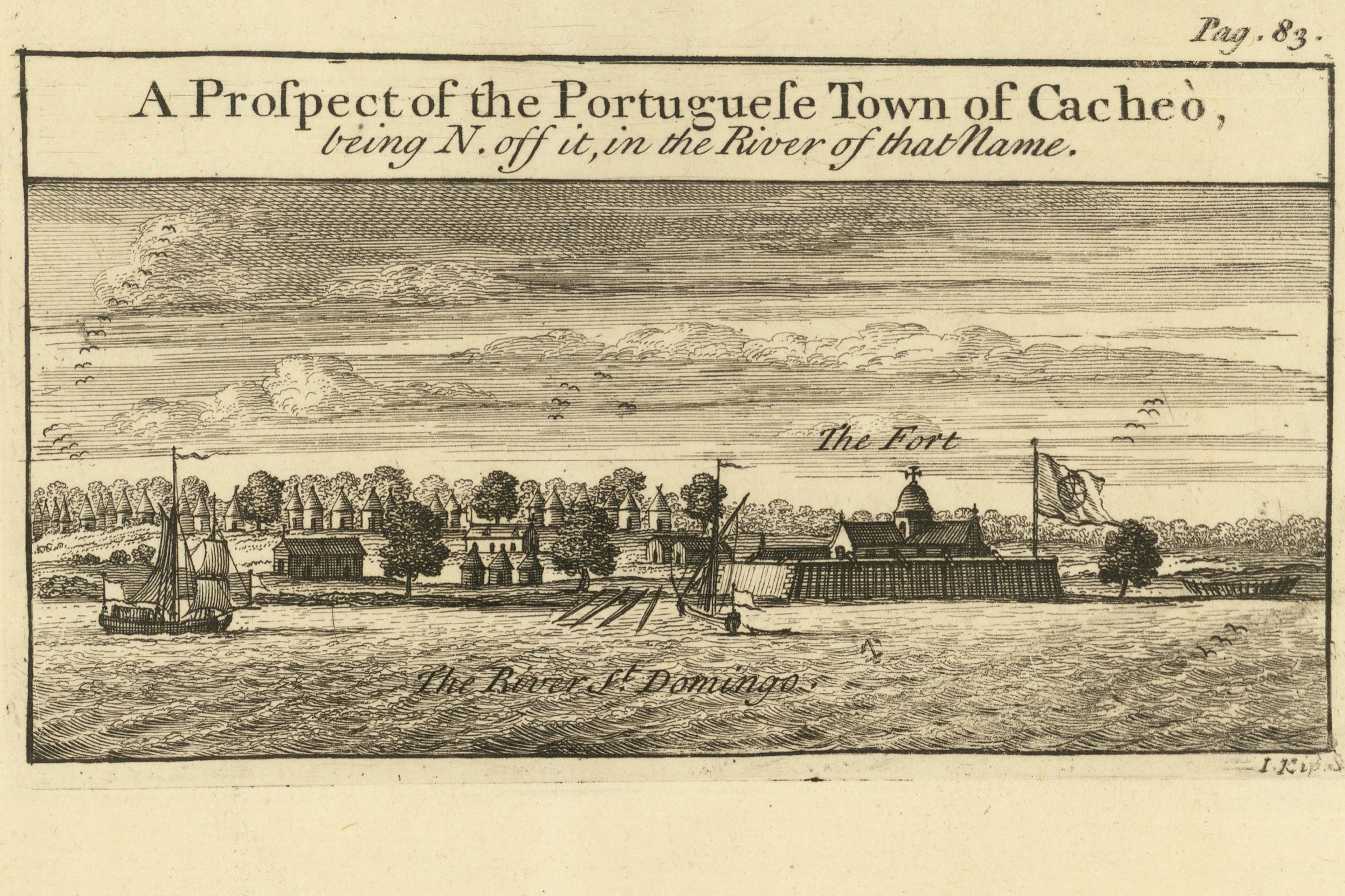 Engraving showing a view of the Portuguese town of Cacheo with a fort, trees and sailing ships on a river.