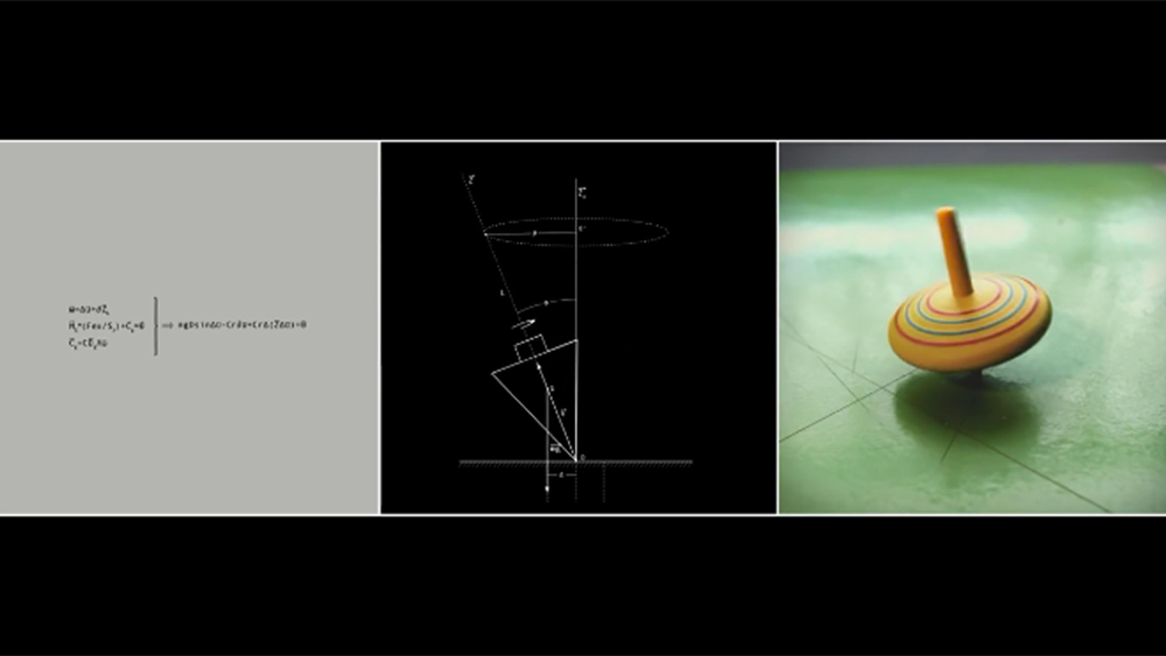 Split image with mathematical equations on left, diagram of a spinning top in centre and photo of a colourful spinning top on right.