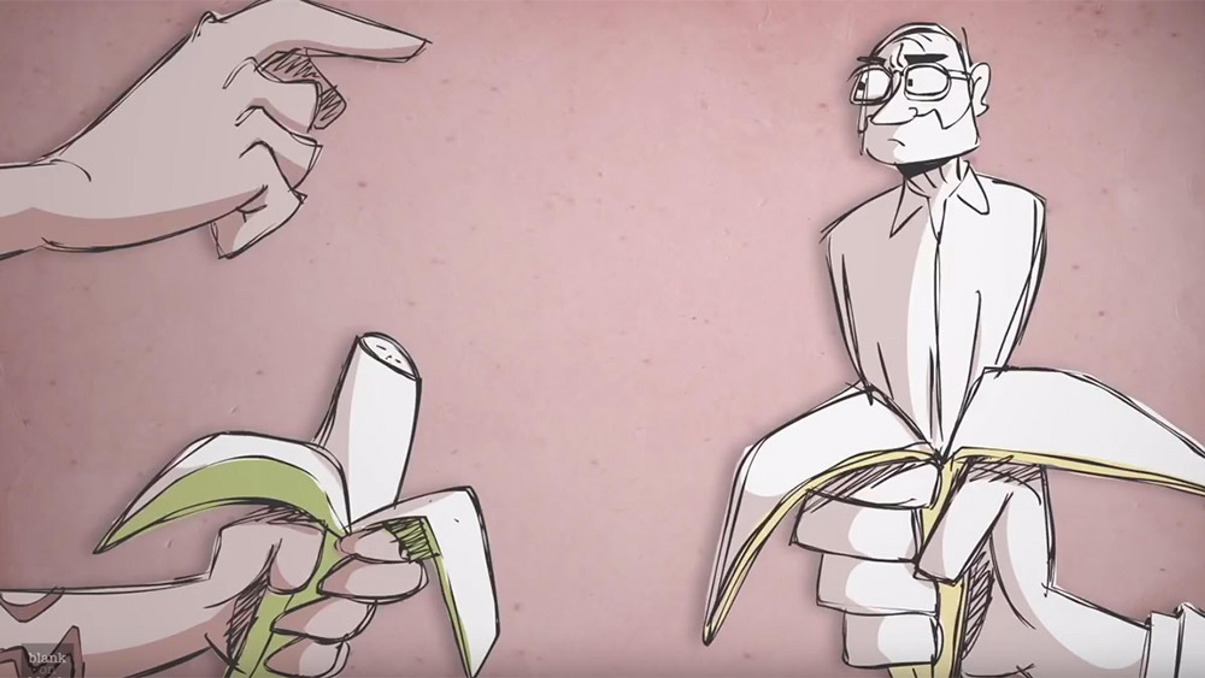 Illustration of two hands, one pointing, the other holding a peeled banana with a man in glasses and a shirt emerging from it.