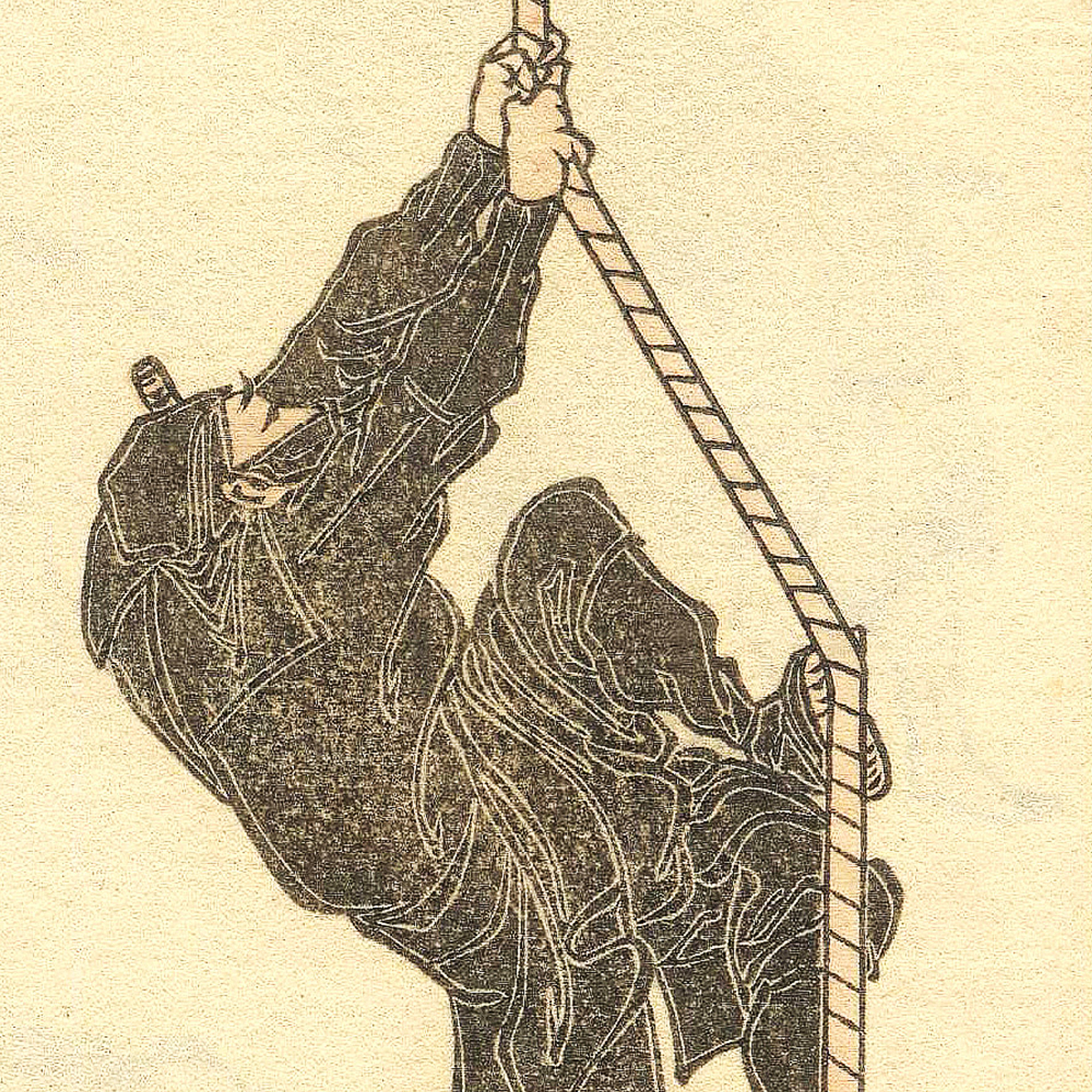 Ink drawing of a ninja in black clothing climbing a rope against a plain beige background.