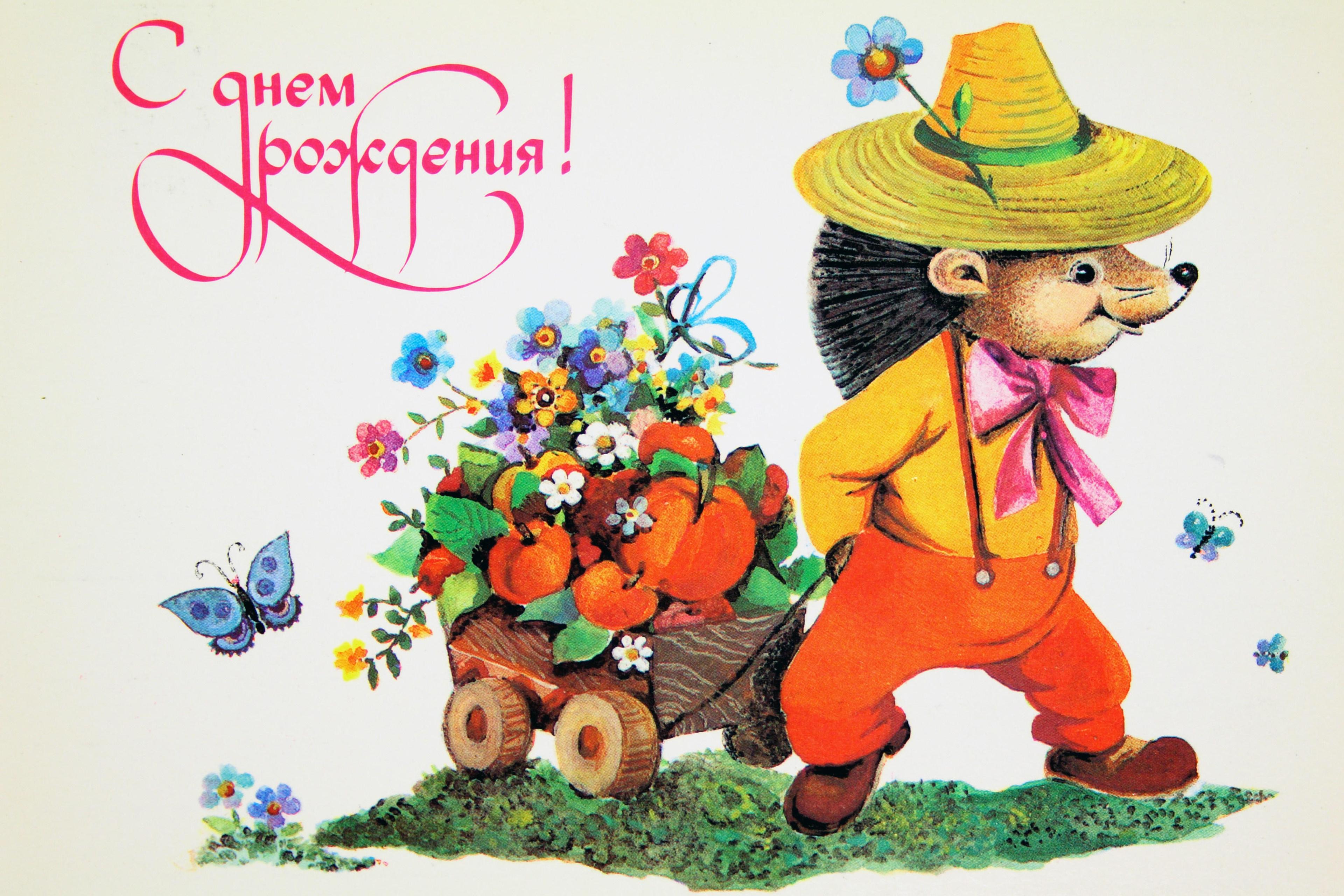 Illustration of a hedgehog in a hat pulling a cart with flowers and fruit. Russian text says “Happy Birthday”