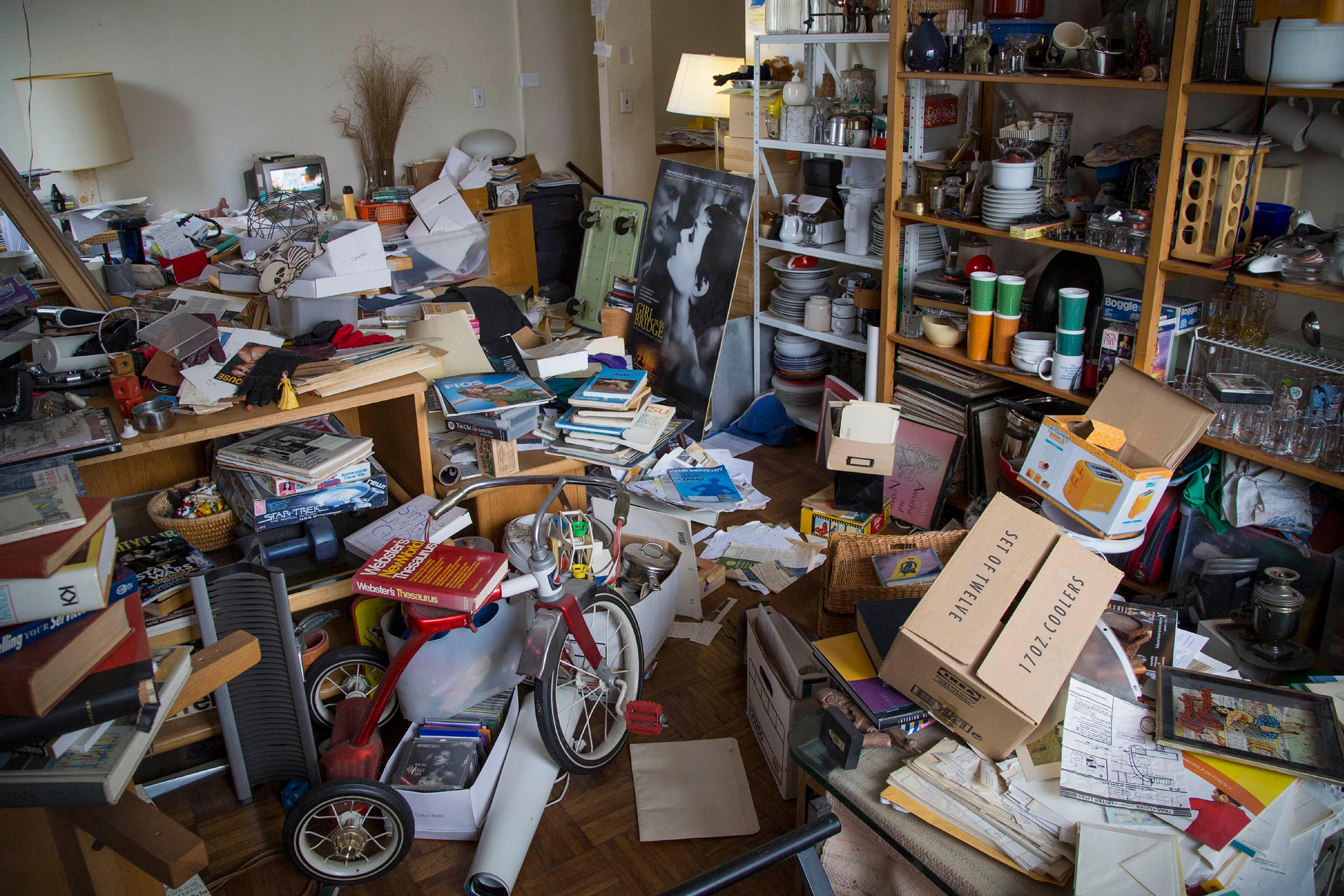 Photo of a cluttered room filled with scattered books, papers, boxes and household items on shelves and floor.