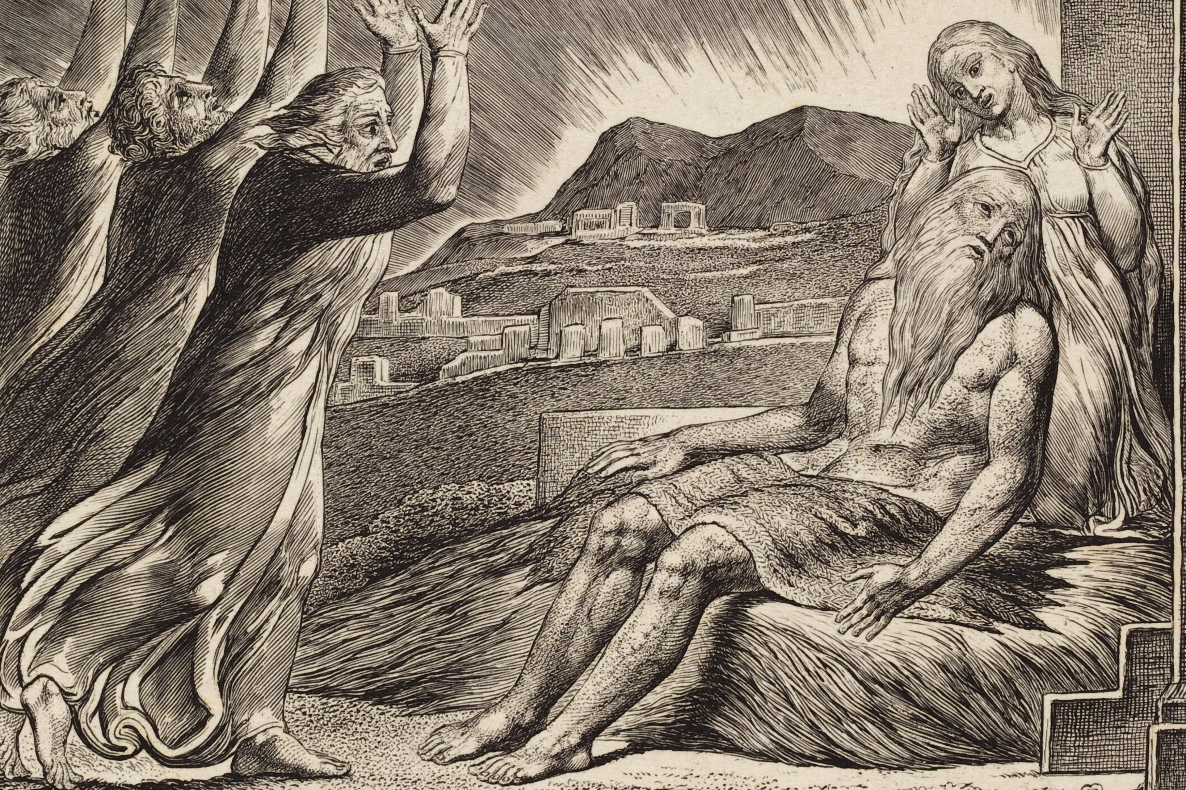 Engraving of an elderly man sitting with a woman standing behind him, three figures raising arms in foreground, cityscape in background.