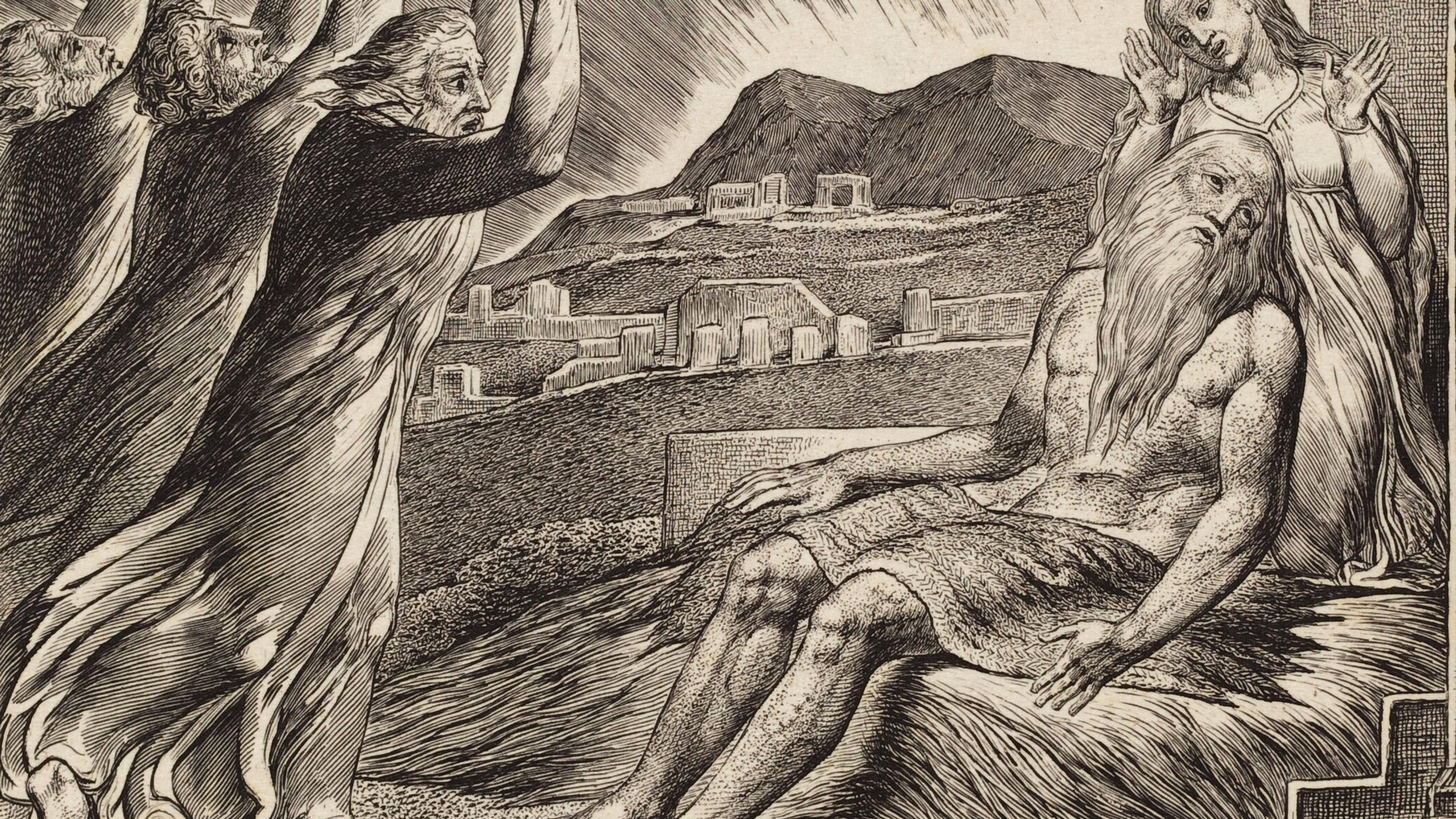 Engraving of an elderly man sitting with a woman standing behind him, three figures raising arms in foreground, cityscape in background.