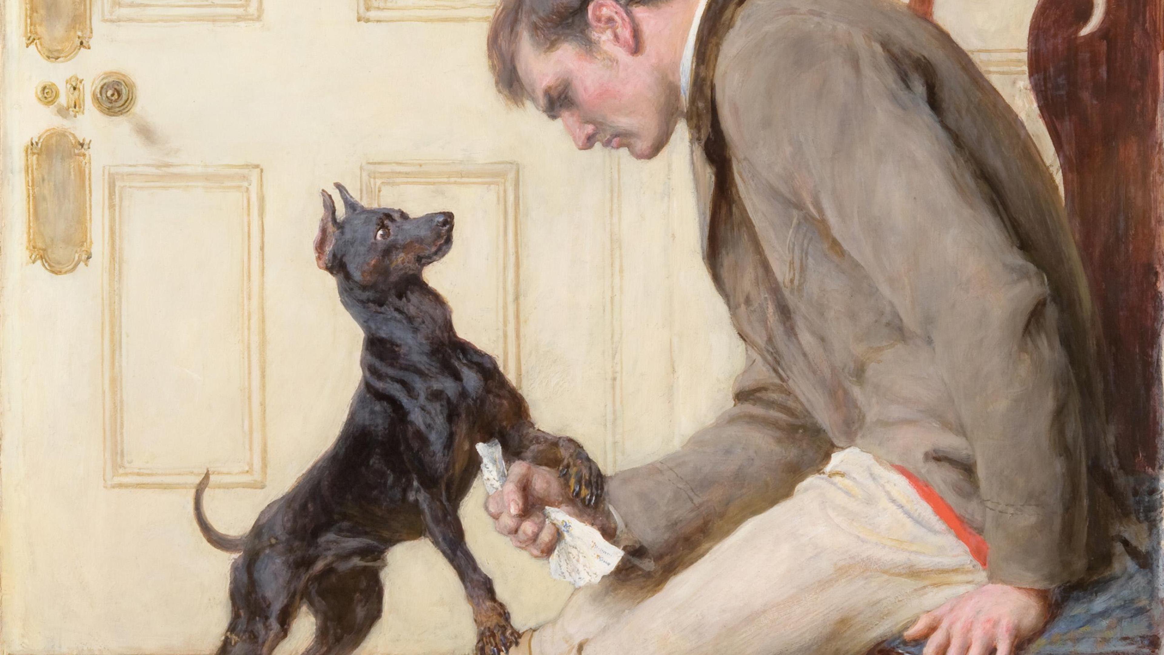 Painting of a seated man looking at a small dog, which has its paw on his knee in a room with a decorated door.