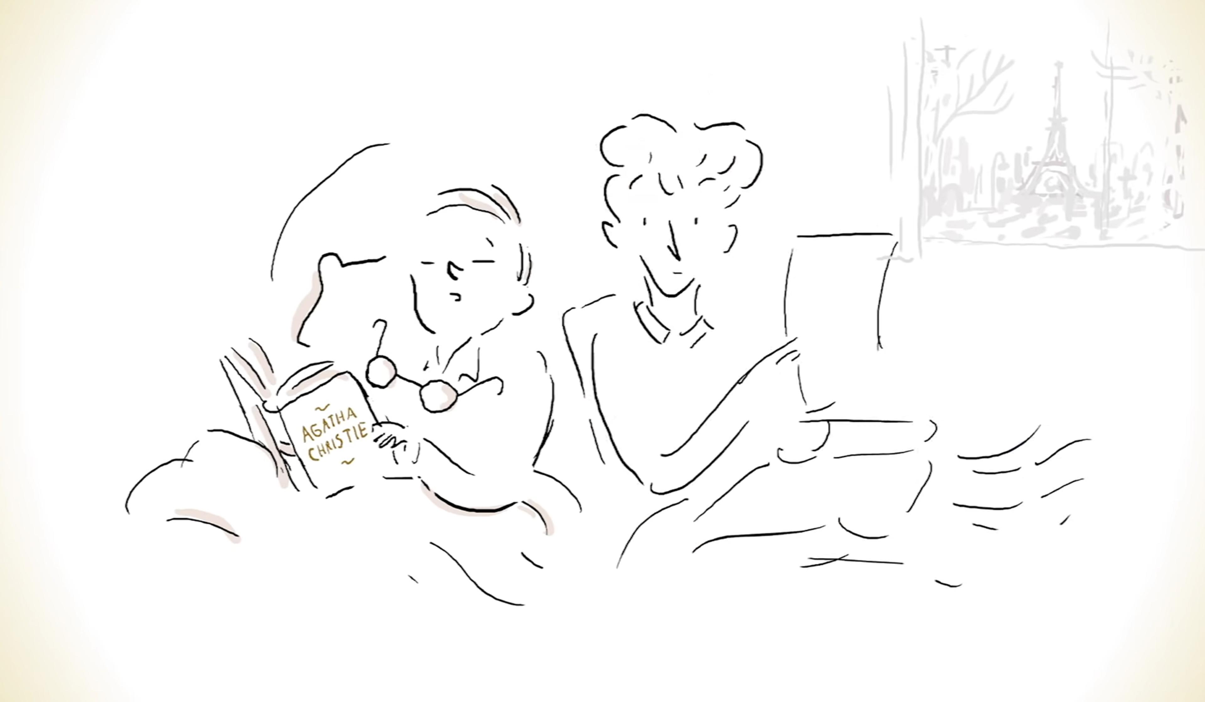 Line drawing of two people reading, one asleep holding an Agatha Christie book, with a faint Eiffel Tower background.