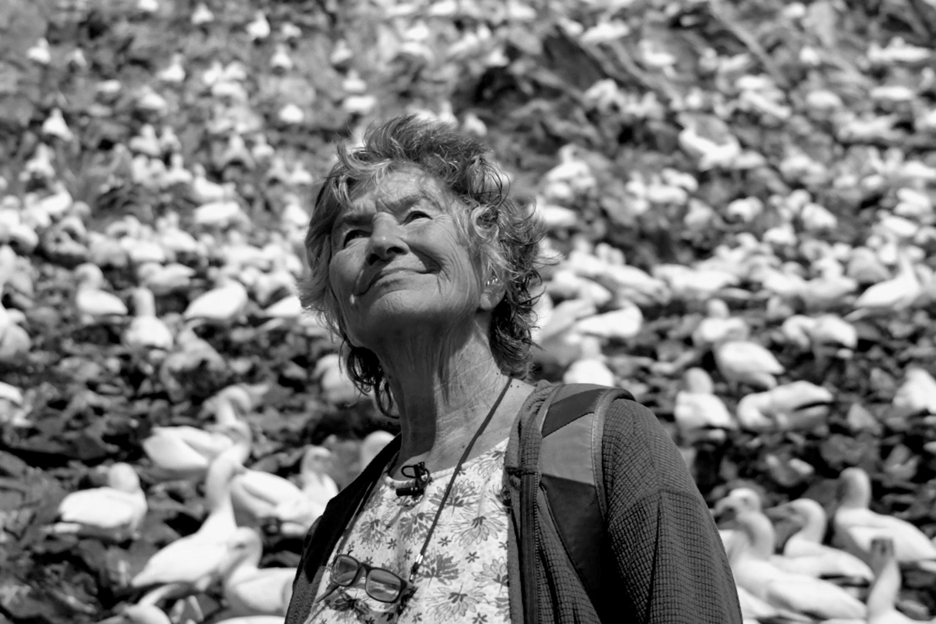 Elderly woman smiling while in front of hundreds of white birds perched on a rocky hillside in black and white.