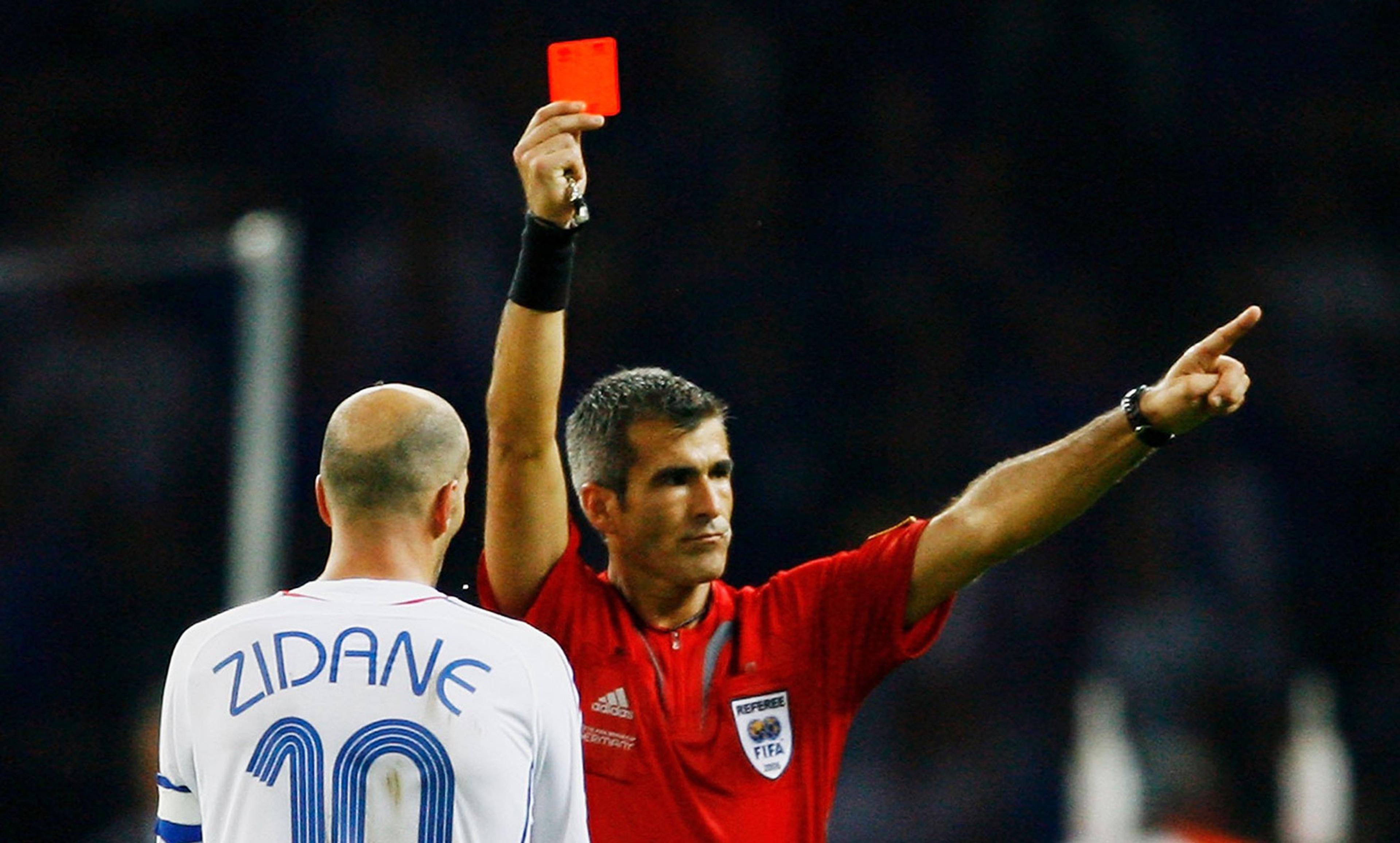 <p>French captain Zinedine Zidane is sent off during the 2006 World Cup final in Germany. <em>Photo by Shaun Botterill/Getty</em></p>