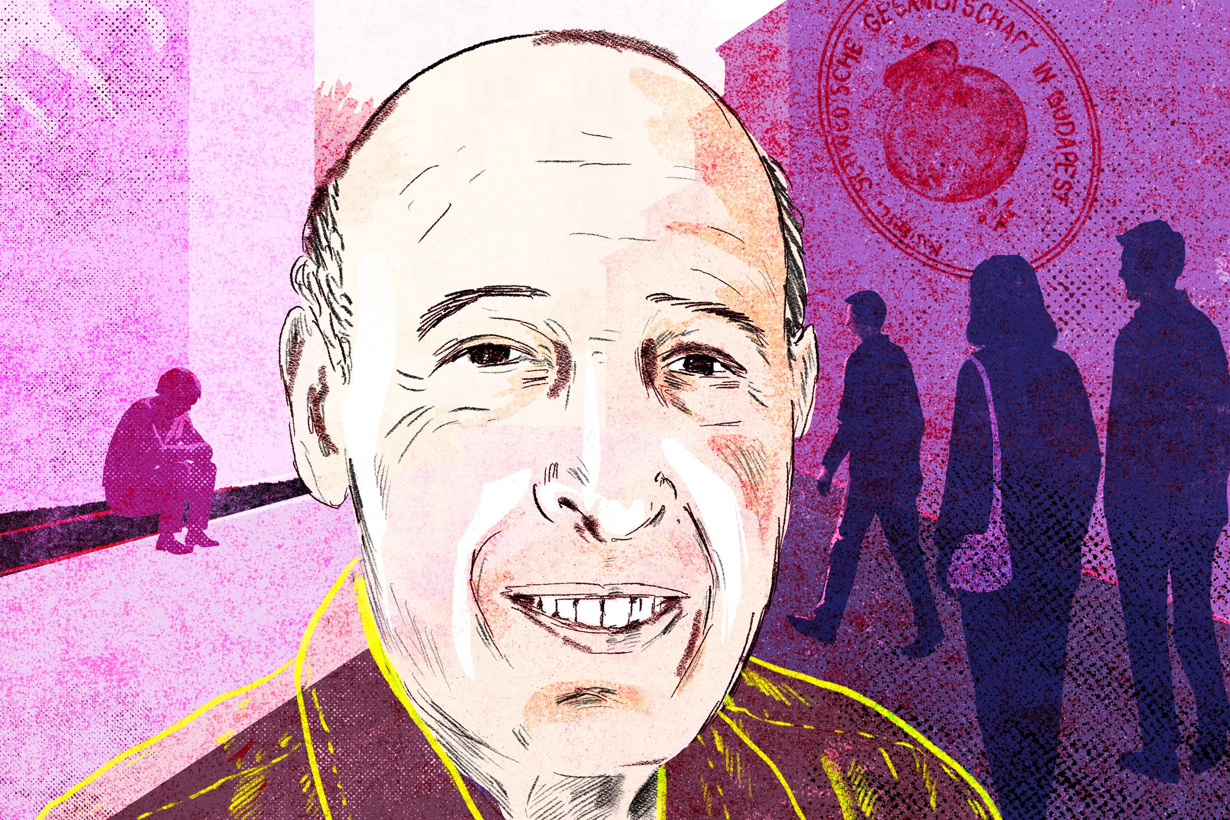 Illustration of an elderly man’s face, with pink and purple silhouettes in the background.