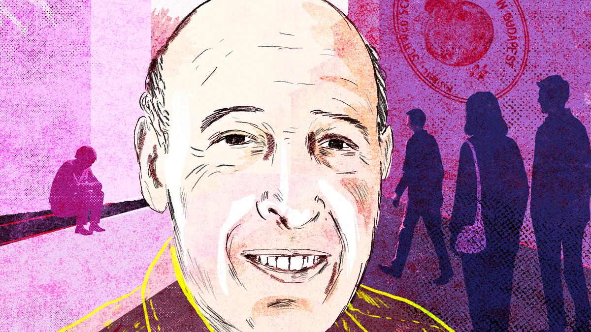 Illustration of an elderly man’s face, with pink and purple silhouettes in the background.