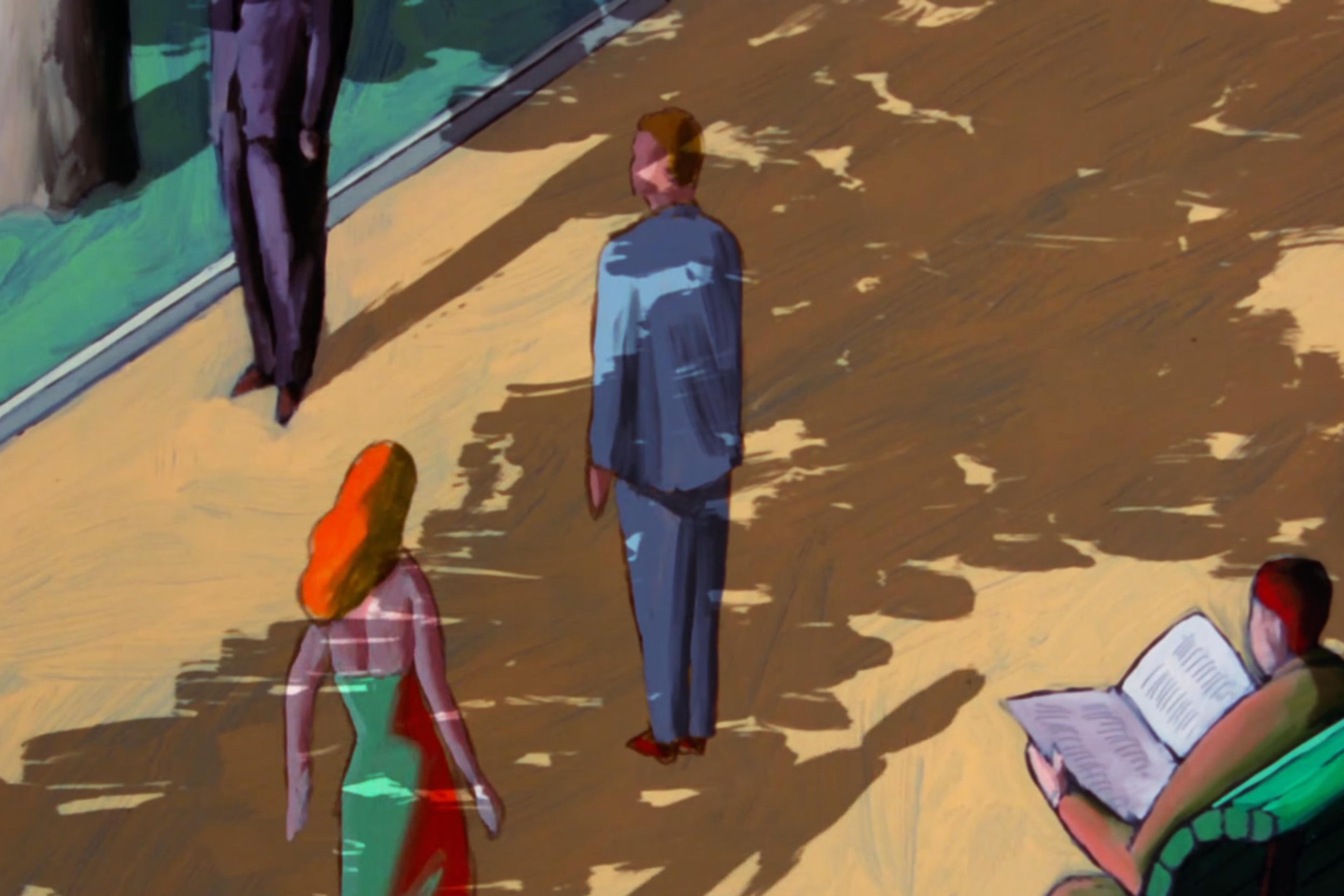 Abstract painting of people in a park; a man in a suit walks, a woman in a green dress stands, and another person sits on a bench reading.