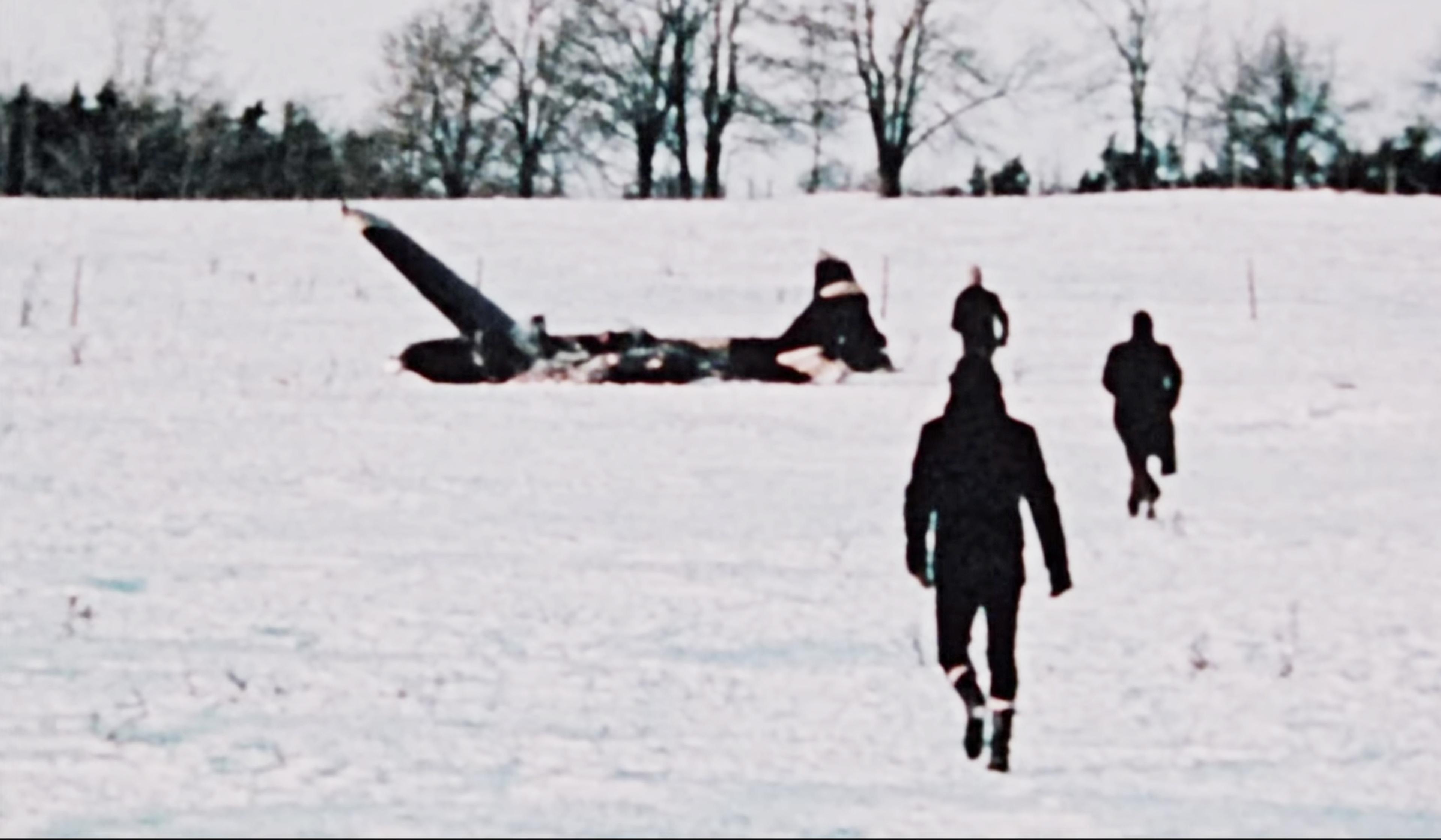 People walking towards a crashed aeroplane in a snowy field with trees in the background.