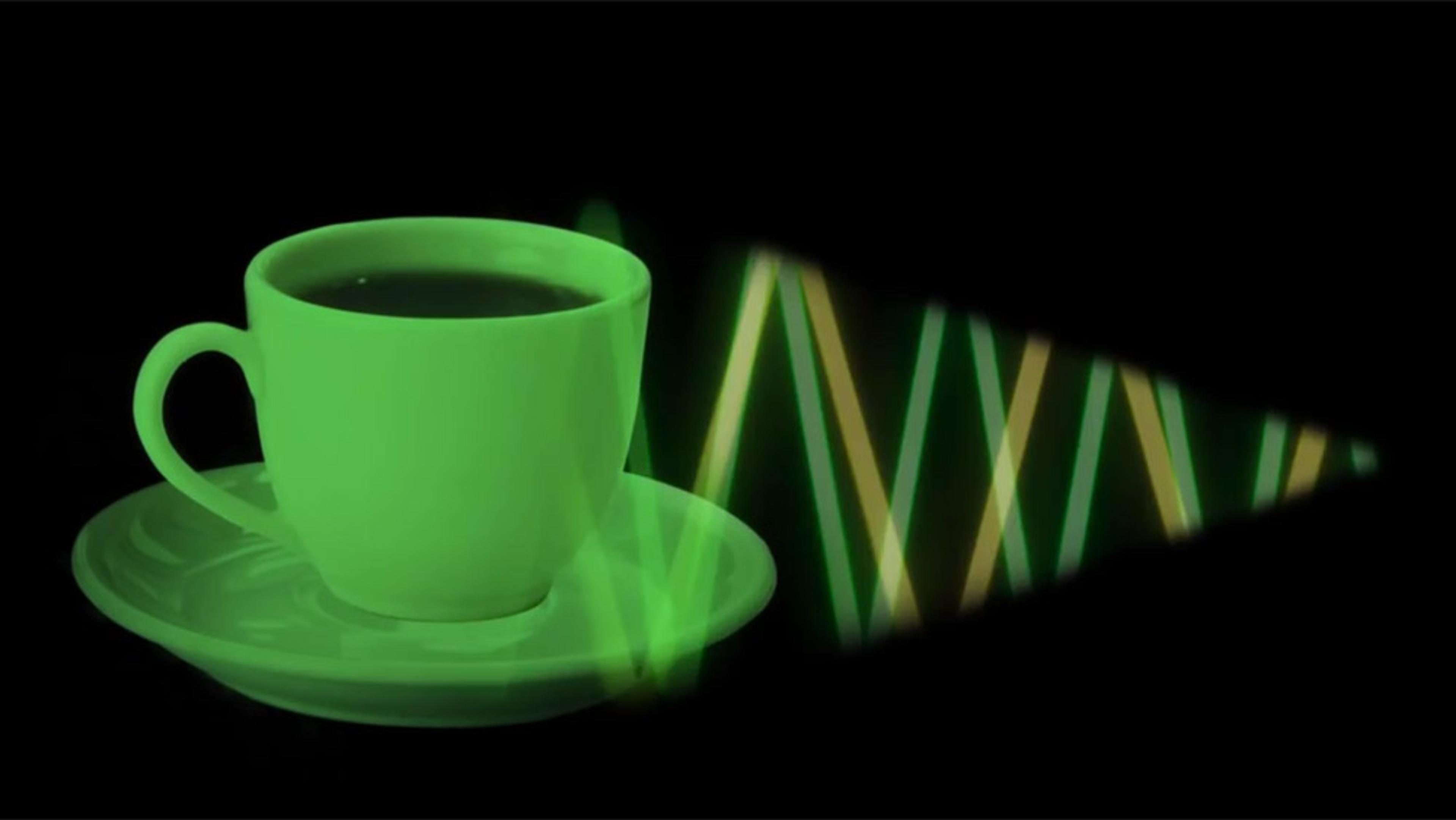 Neon green teacup and saucer with abstract green and yellow lines on black background, digitally rendered.