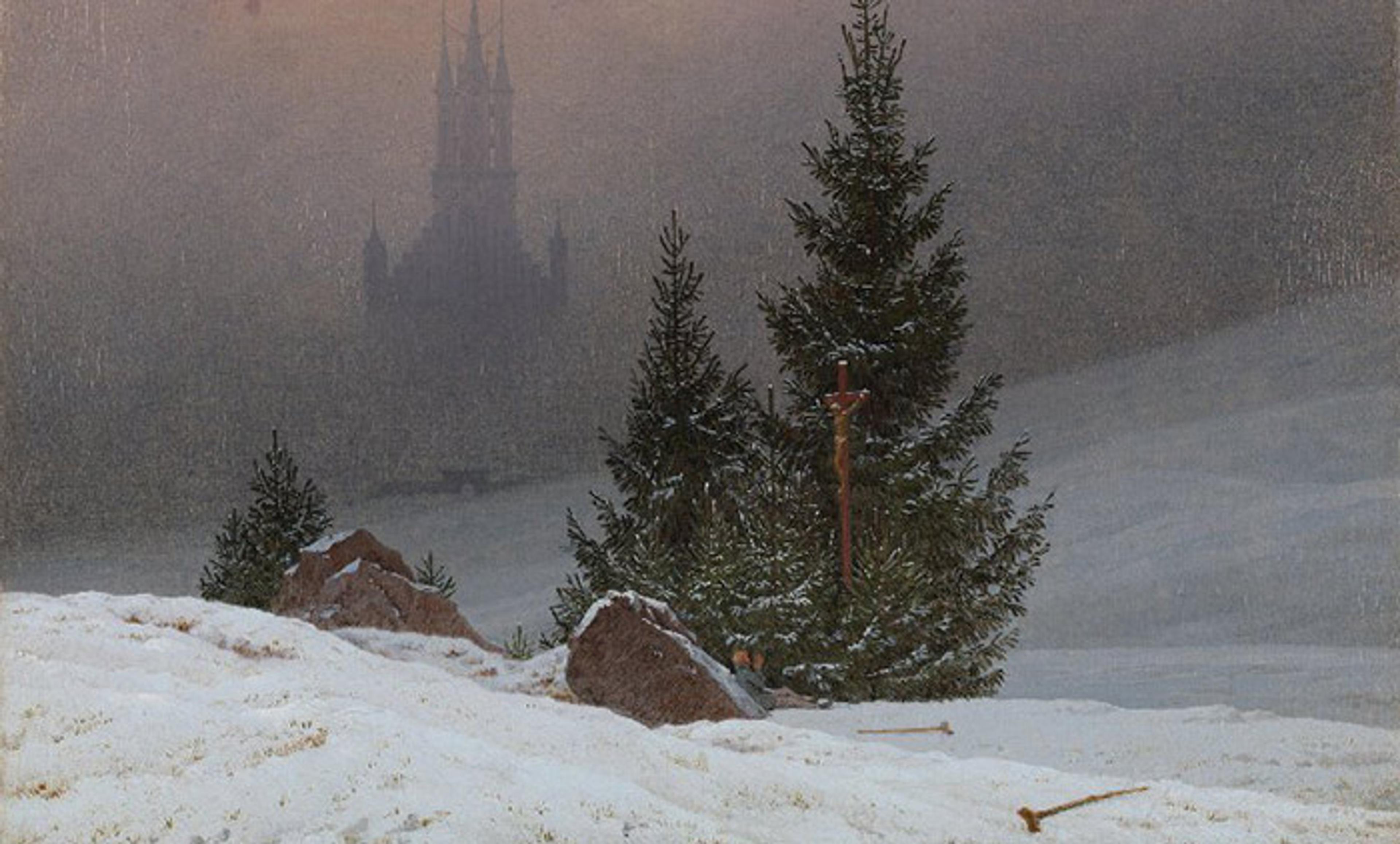 Painting of a snowy landscape with fir trees, scattered rocks and a wooden cross. A large, misty cathedral is visible in the background.