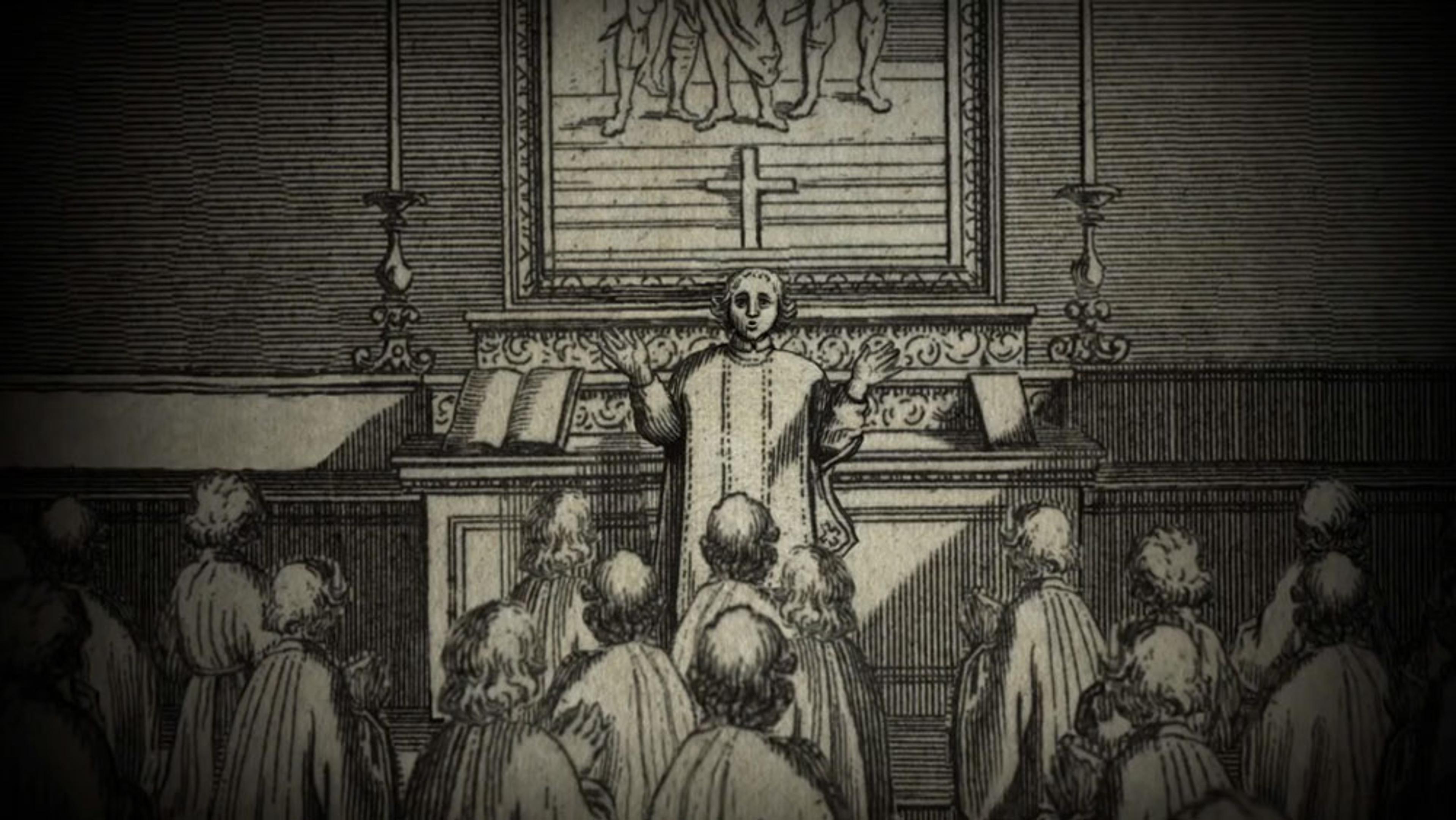 Engraving of a priest preaching to a congregation inside a church with an altar and a large framed artwork behind him.