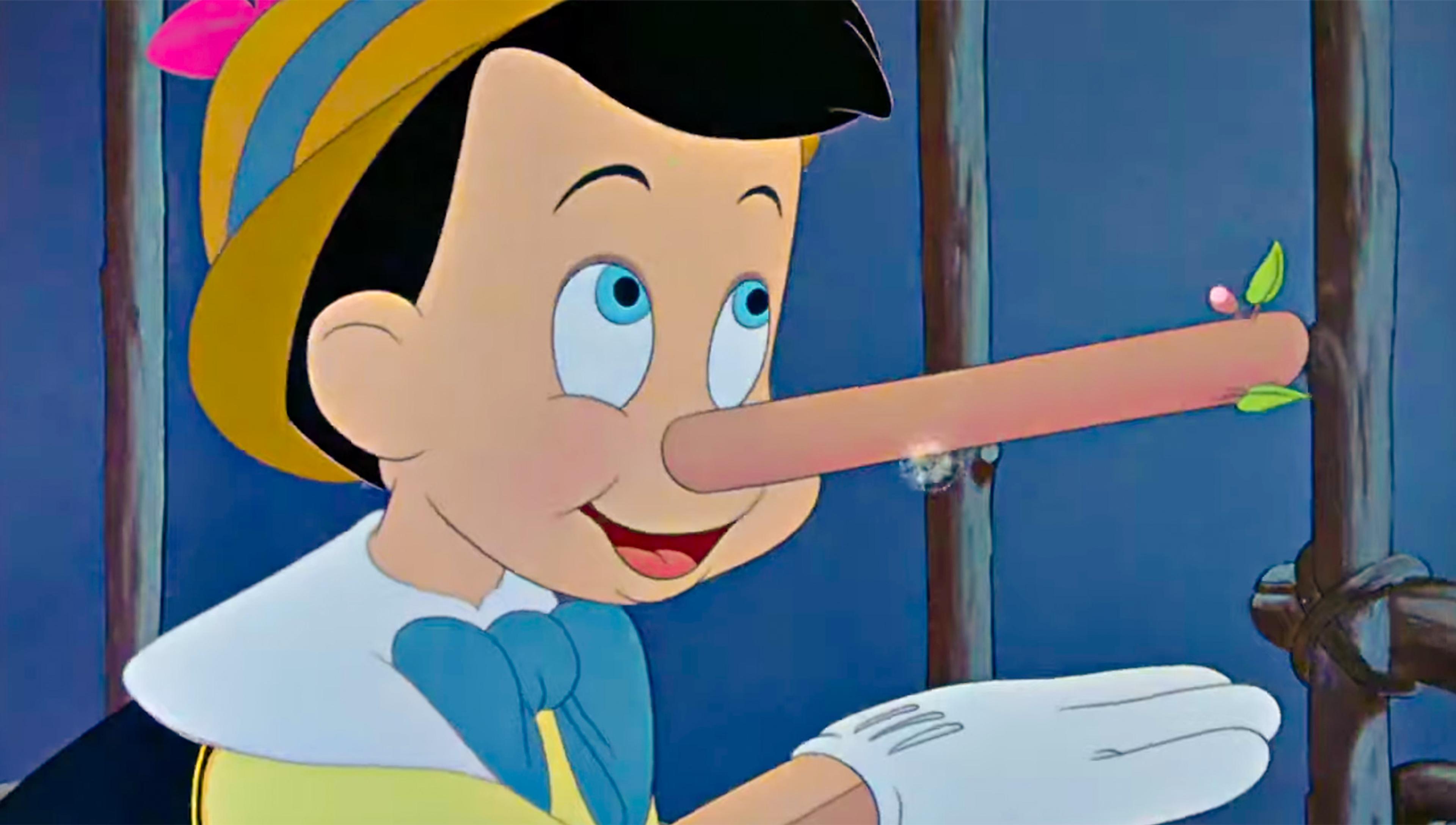 The Disney cartoon boy Pinocchio depicted with his nose having grown long as he tells a lie