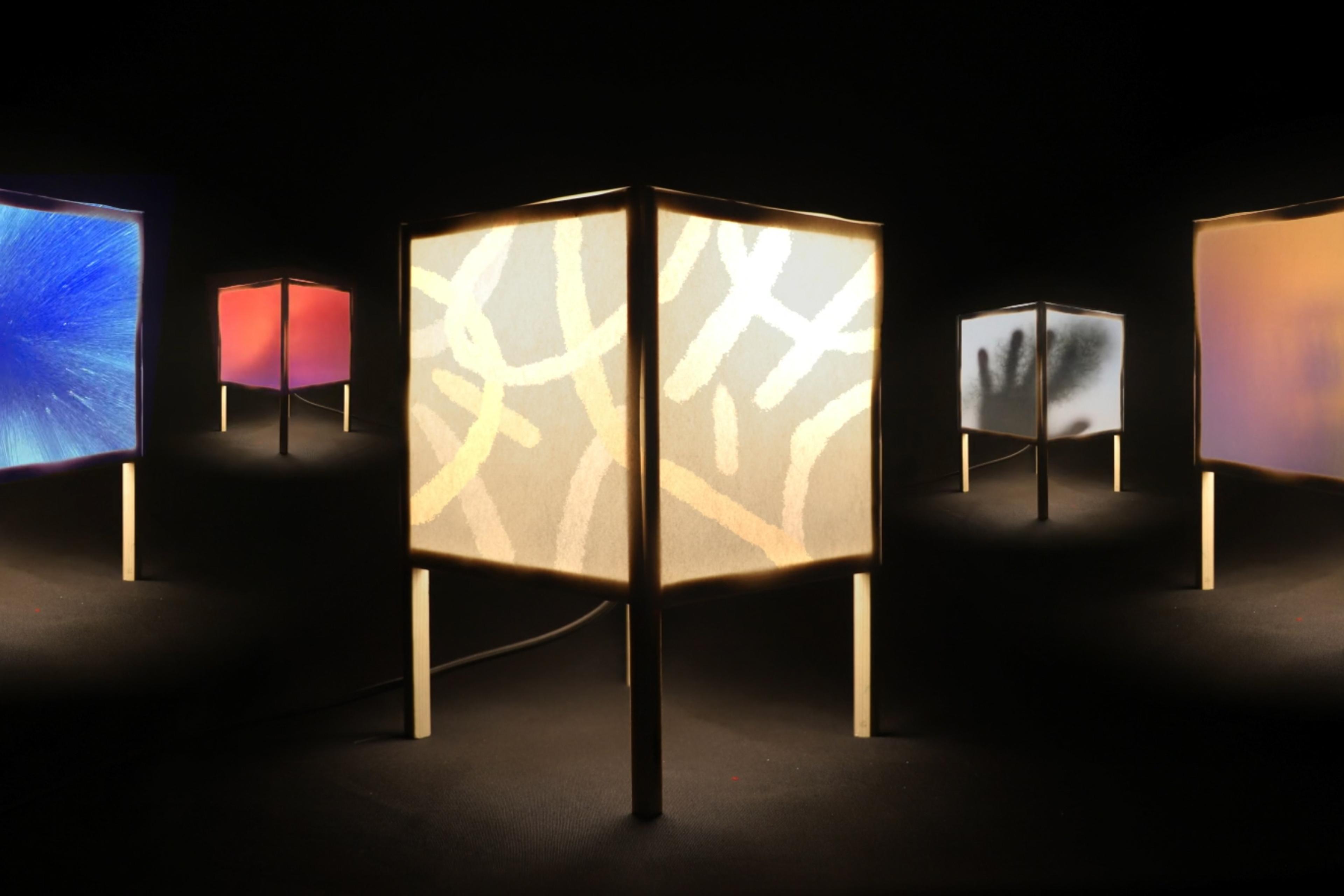 Photo of six illuminated geometric lanterns with various patterns on a dark background.