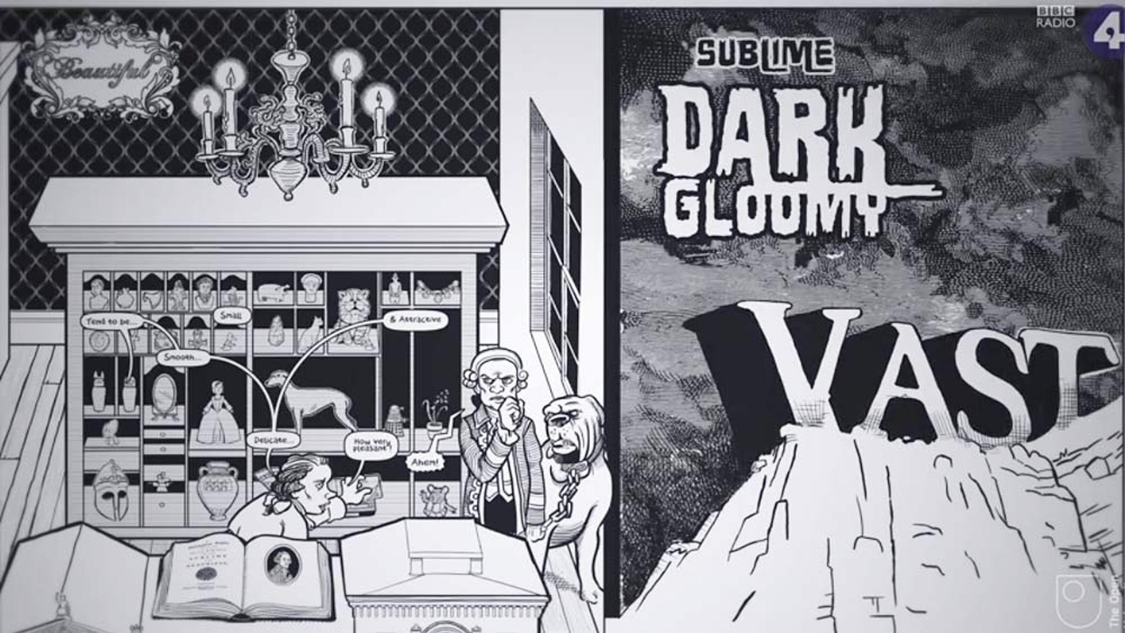 Black and white illustration of a Victorian-style room, with books, people, and a chandelier, alongside text “Sublime Dark Gloomy Vast”.