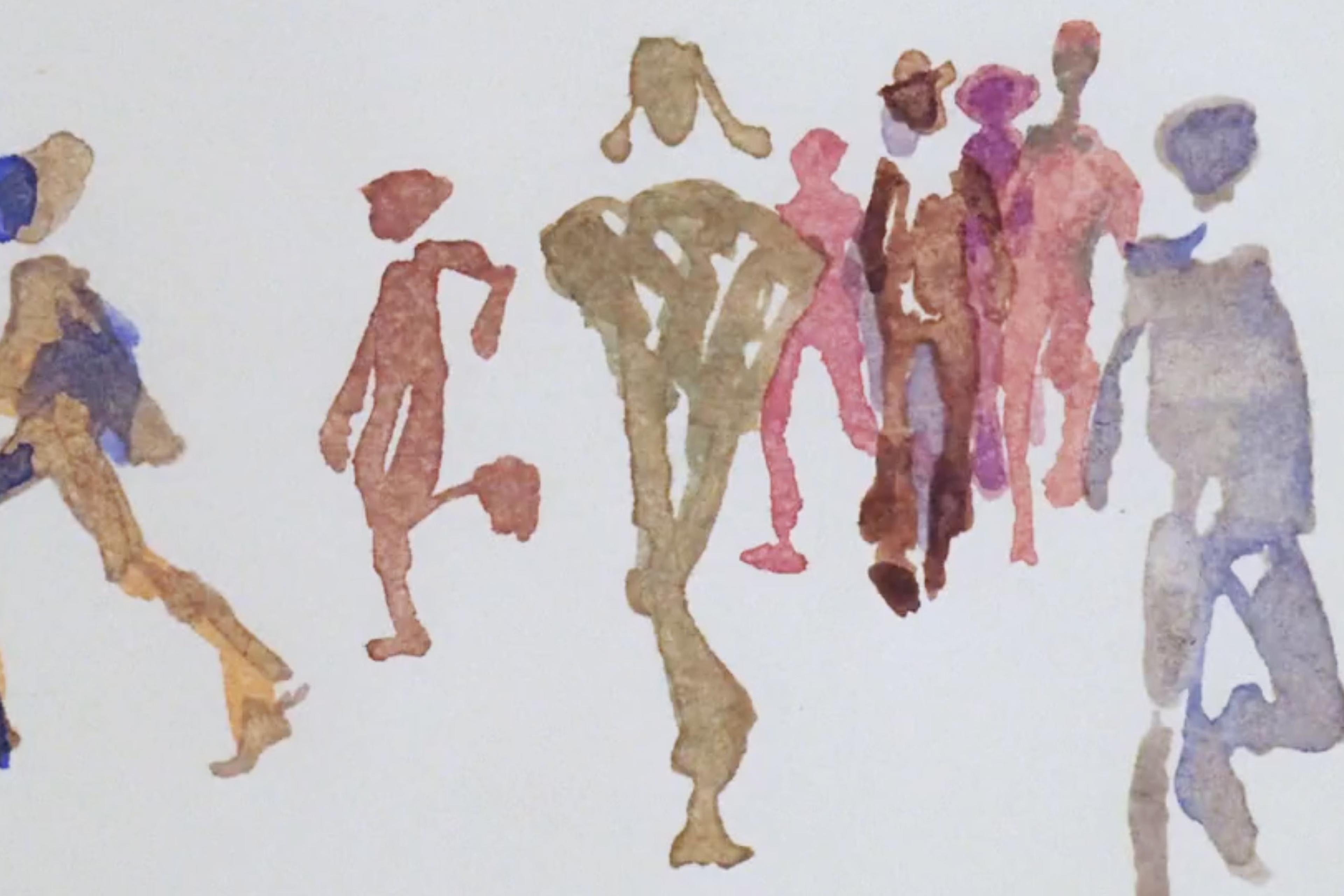 Abstract watercolour painting of figures walking in different directions on a white background.