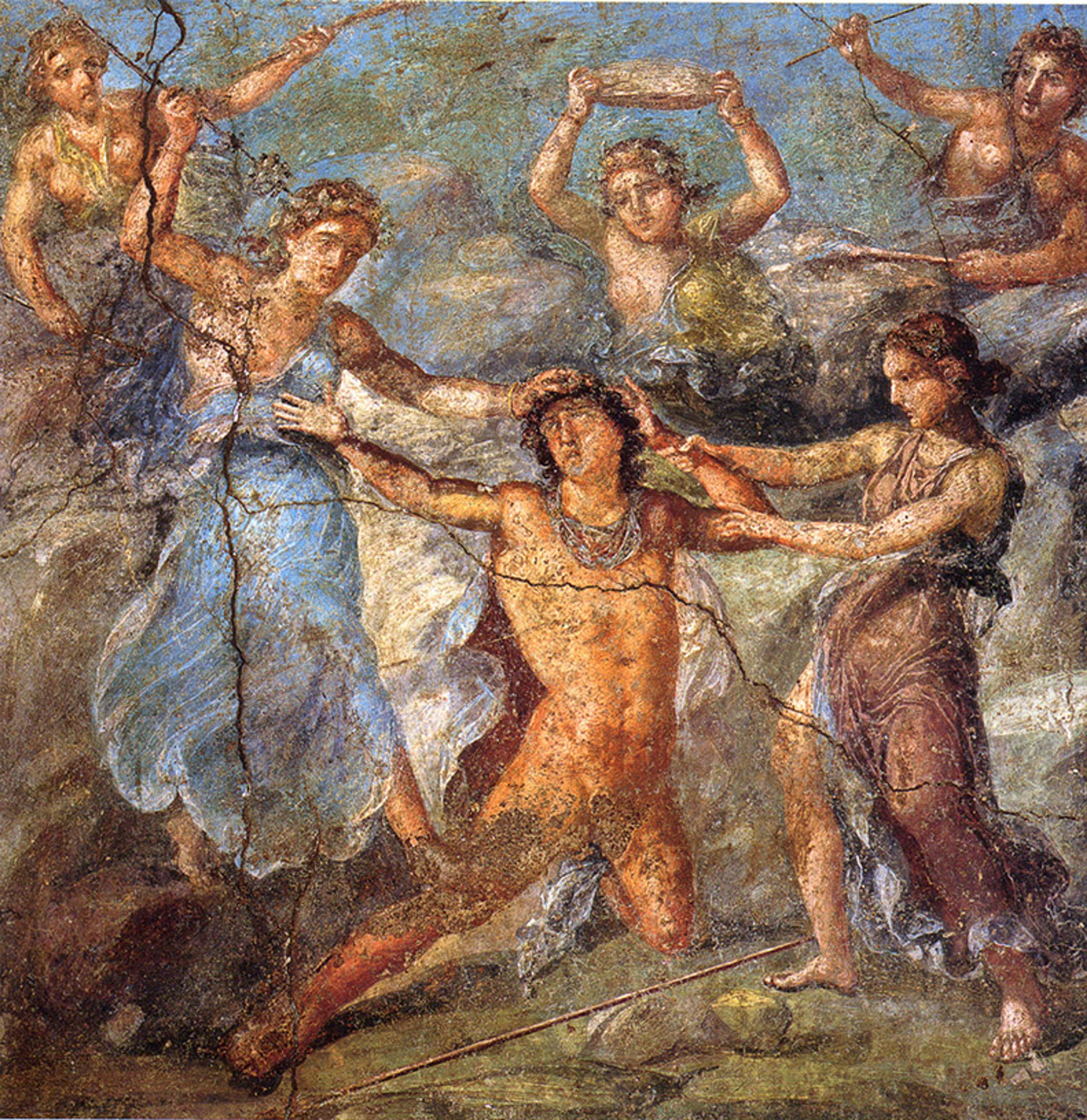 Ancient fresco depicting a central male figure restrained by several women against a weathered background with cracks in the surface.