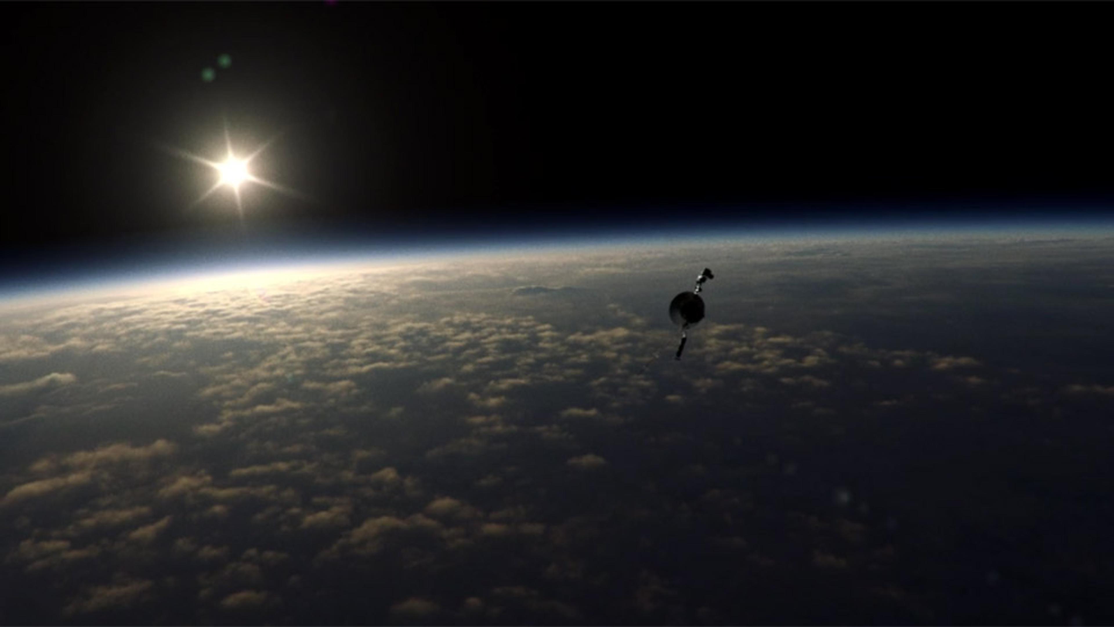 A satellite orbiting Earth with the Sun rising above the planet’s horizon and clouds visible below the spacecraft.