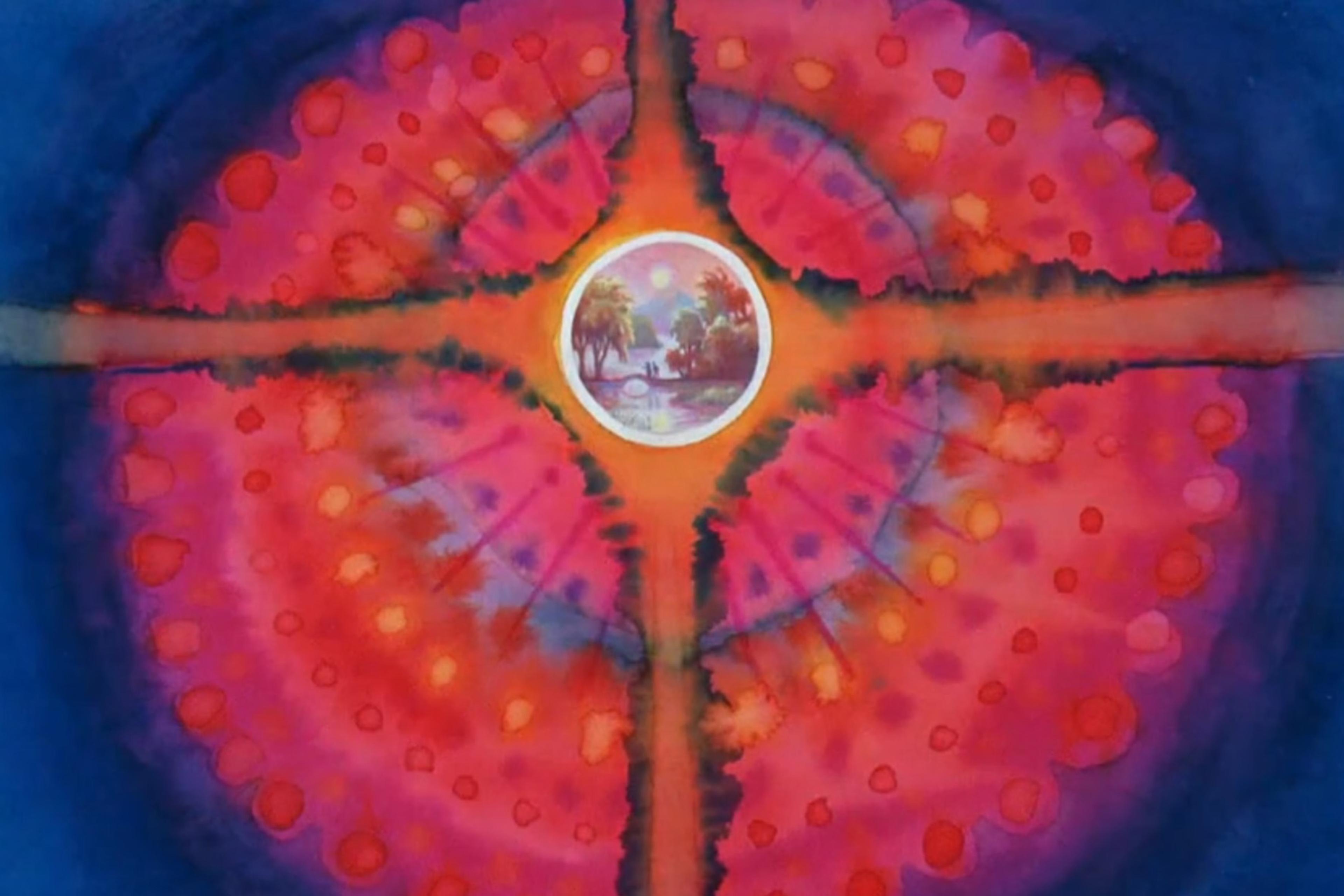 Painting of a radiant mandala-like design with a central circular scene depicting a tropical landscape framed by vibrant red, pink and blue hues.