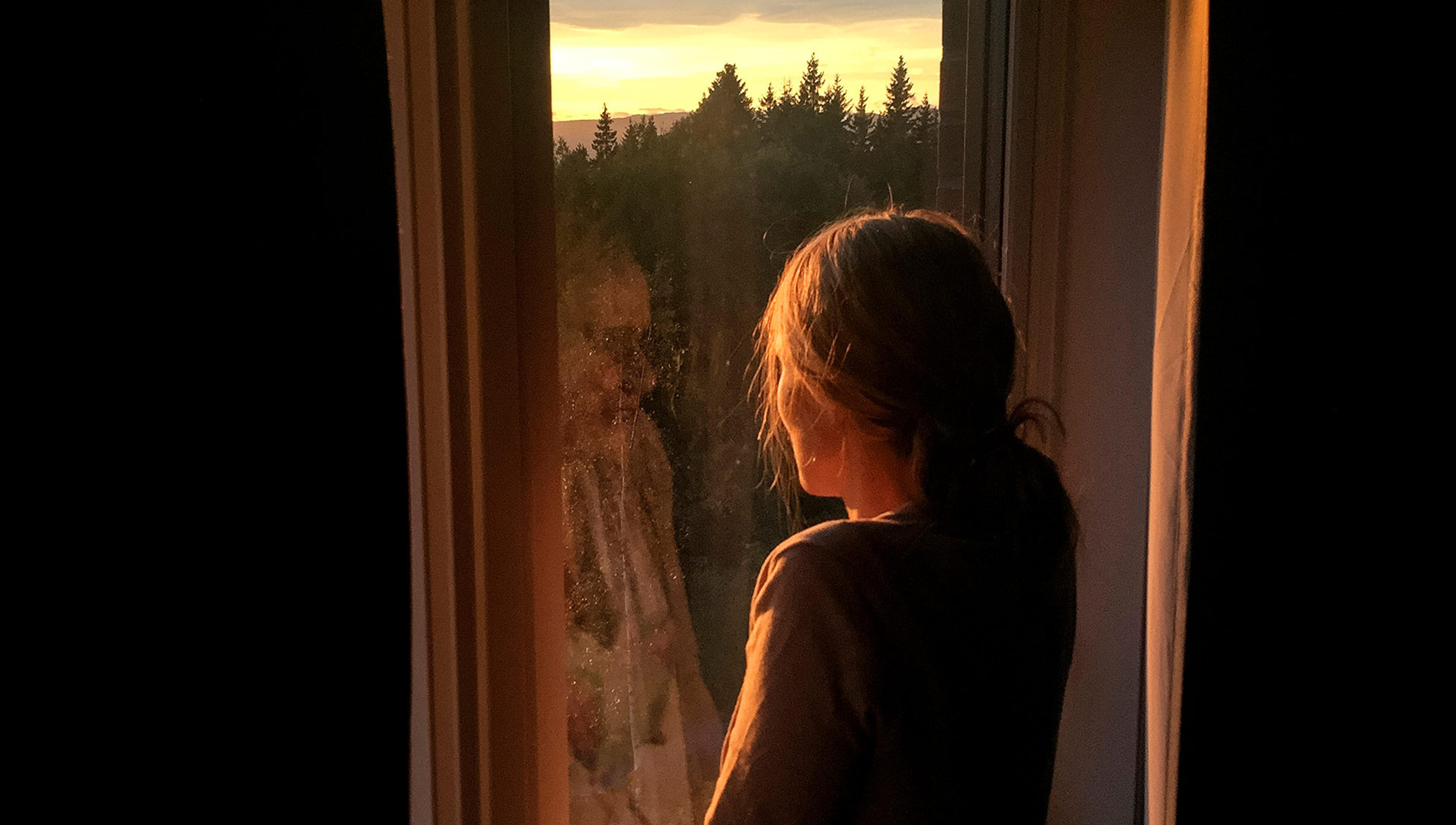 A woman seen from behind and bathed in dawn light is looking out through a window to a forest