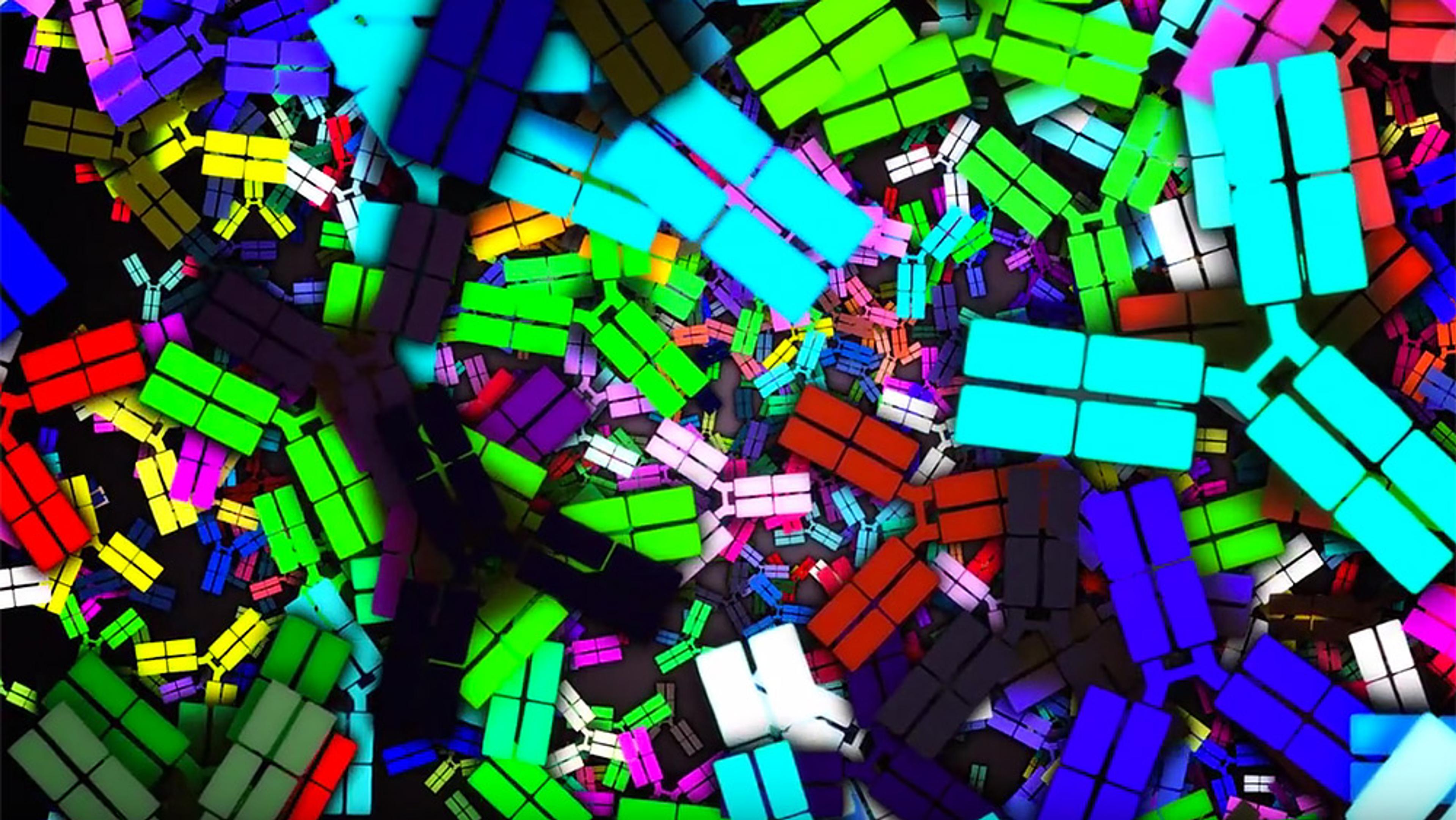 Painting of a colourful abstract design featuring various bright neon rectangles in random orientations on a black background.