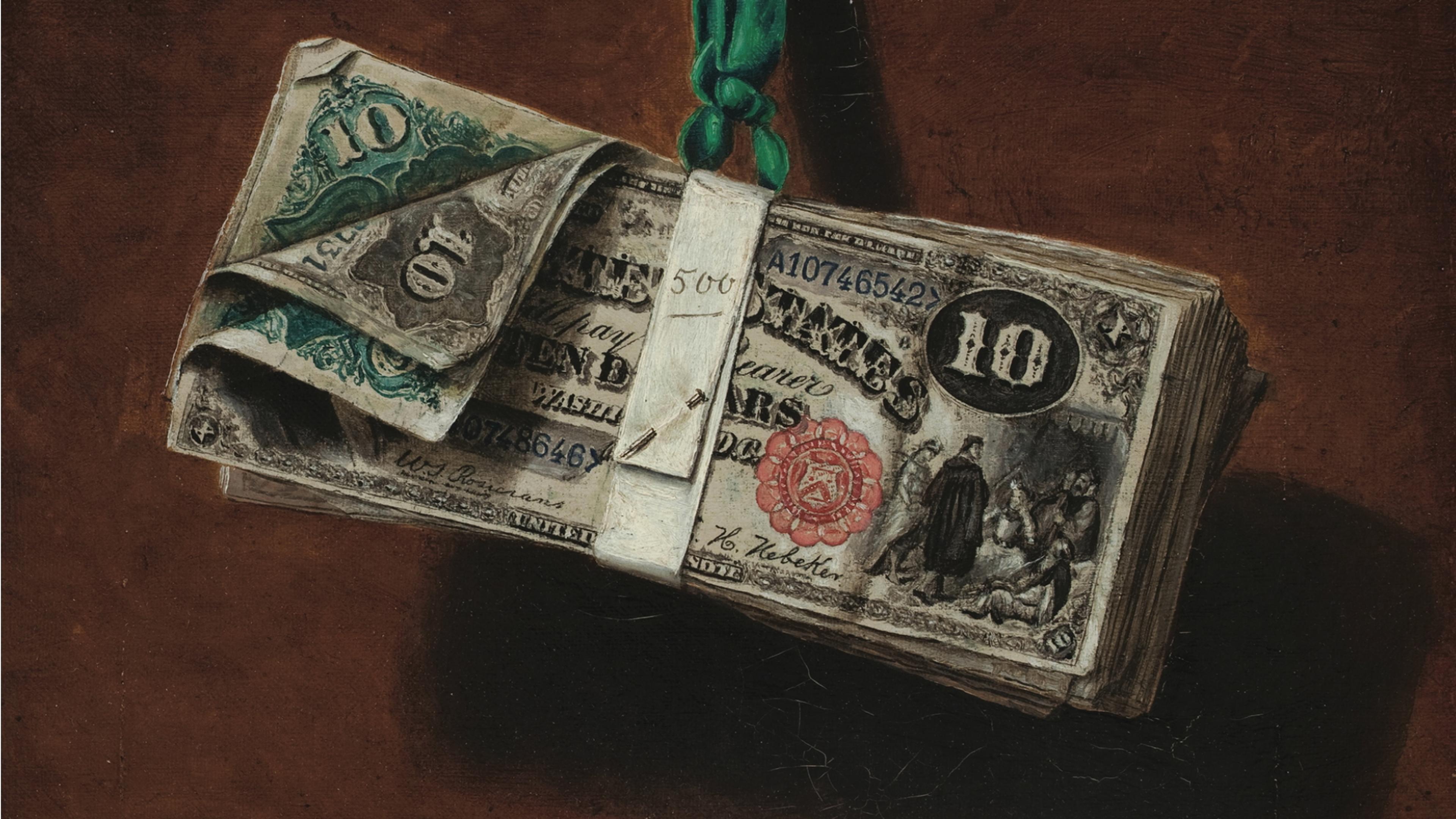 Painting of a bundle of American banknotes tied with a green ribbon pinned to a wall on a brown background.