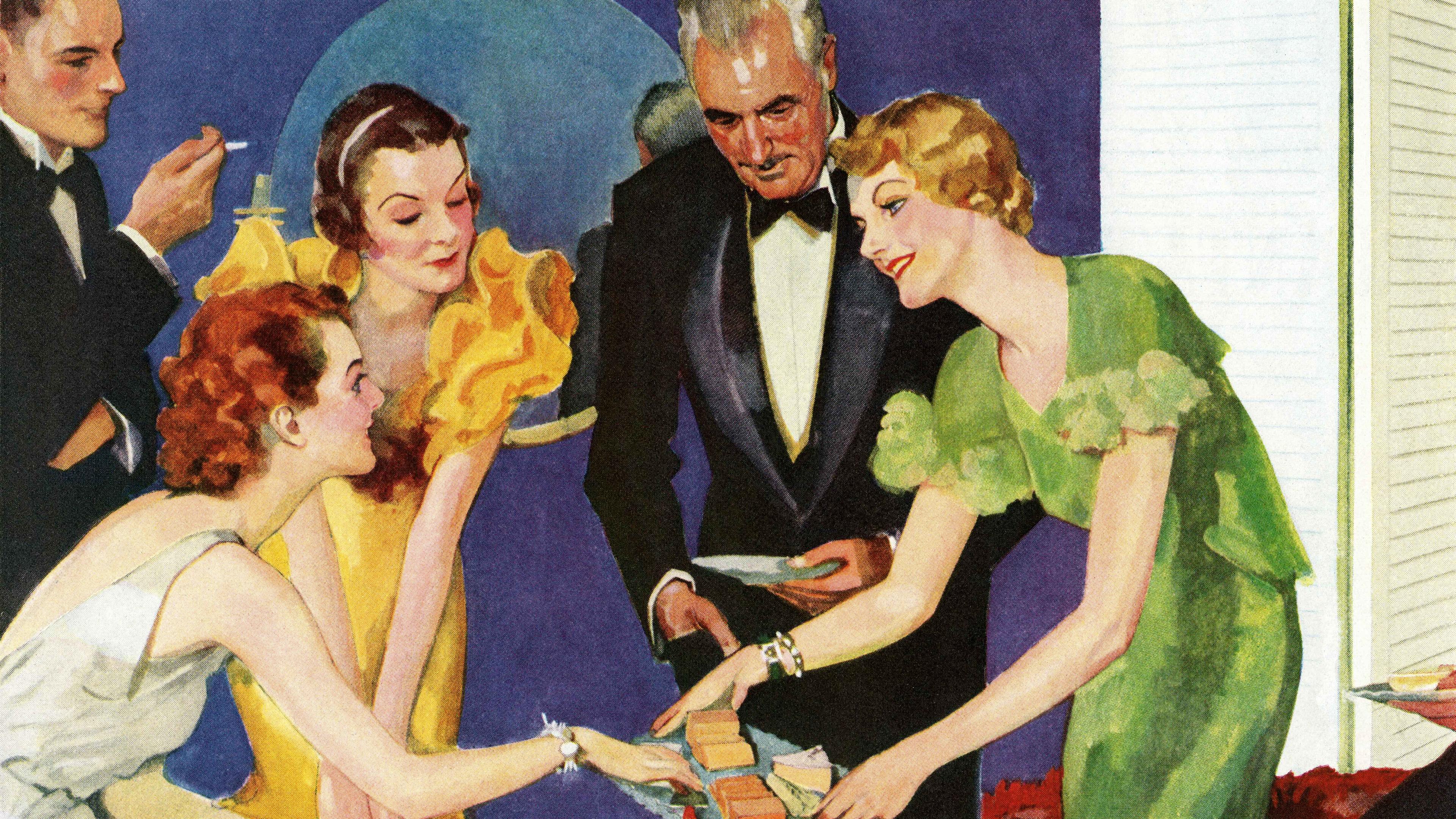 Painting of elegantly dressed people at a party, one serving sandwiches to others who are smiling and holding plates.