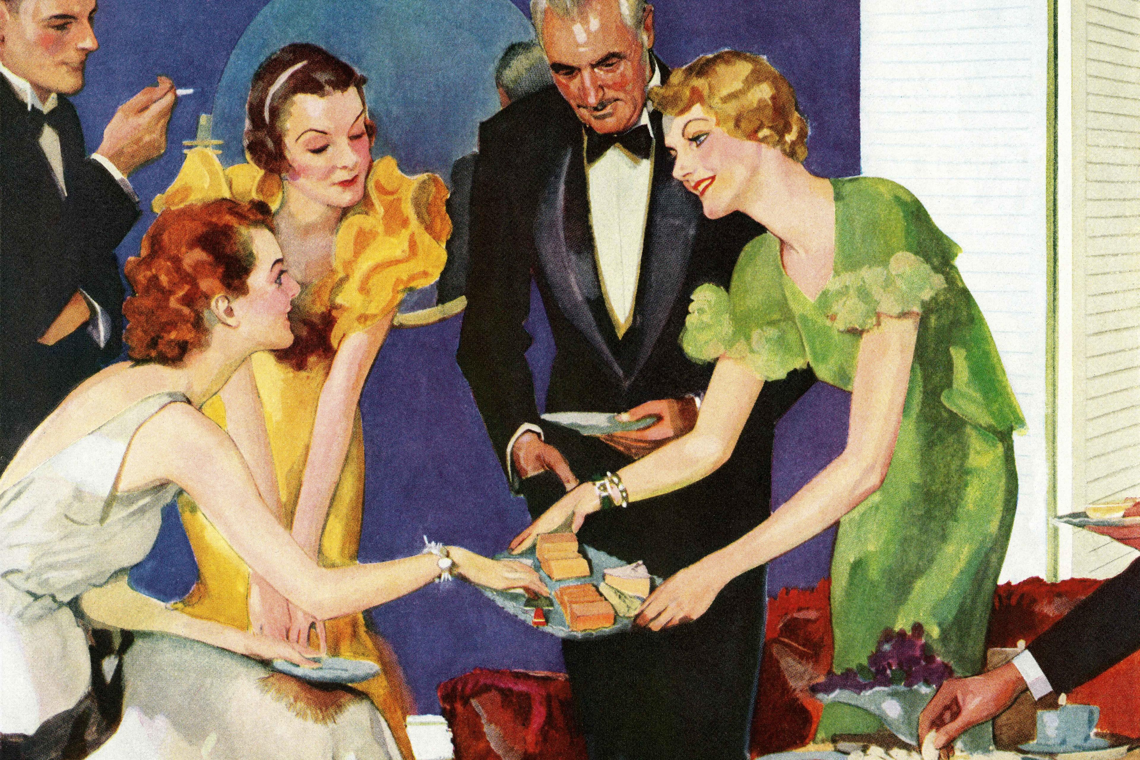 Painting of elegantly dressed people at a party, one serving sandwiches to others who are smiling and holding plates.