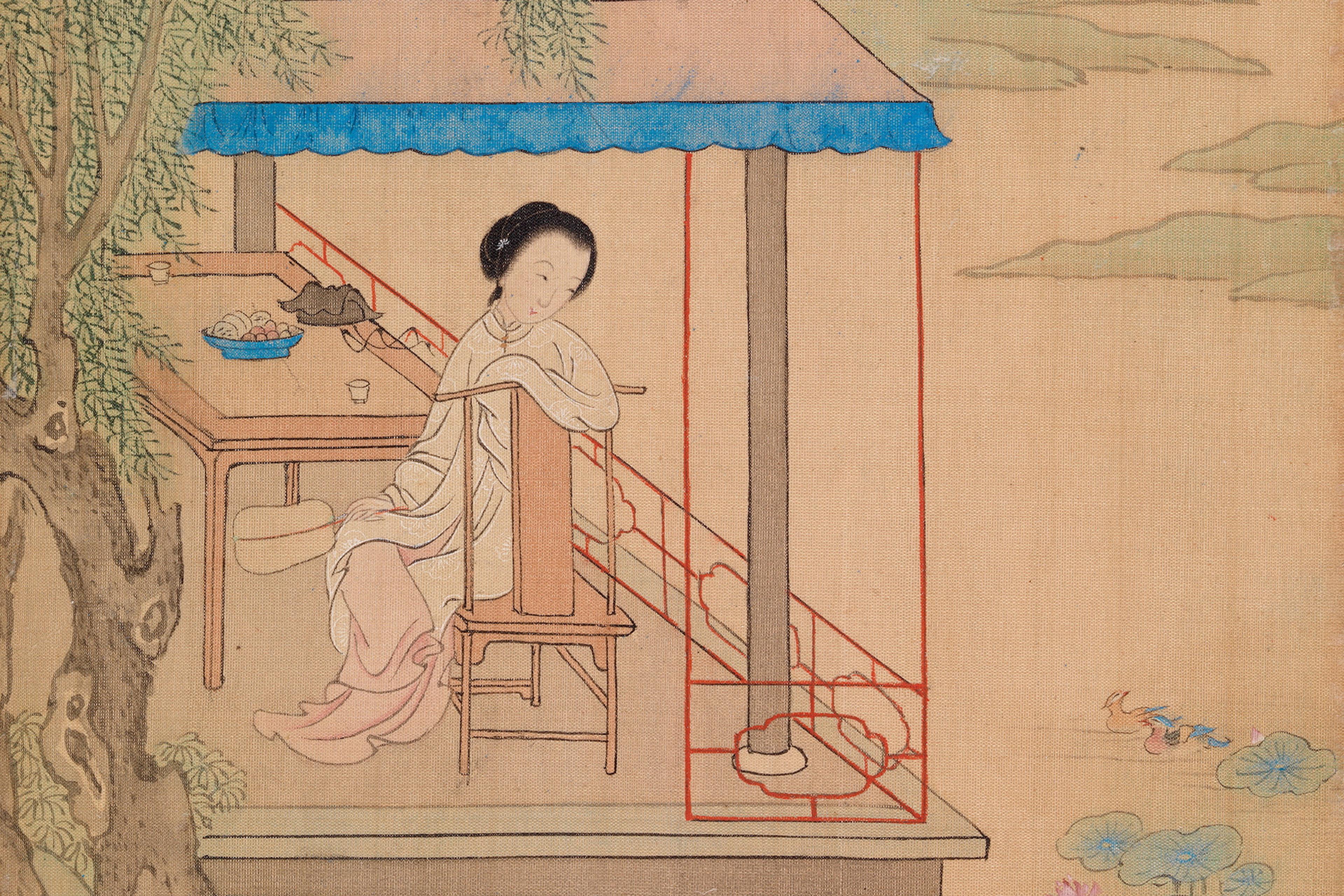 Traditional Chinese painting of a woman resting on a chair in a pavilion by a pond with ducks and lotus flowers.